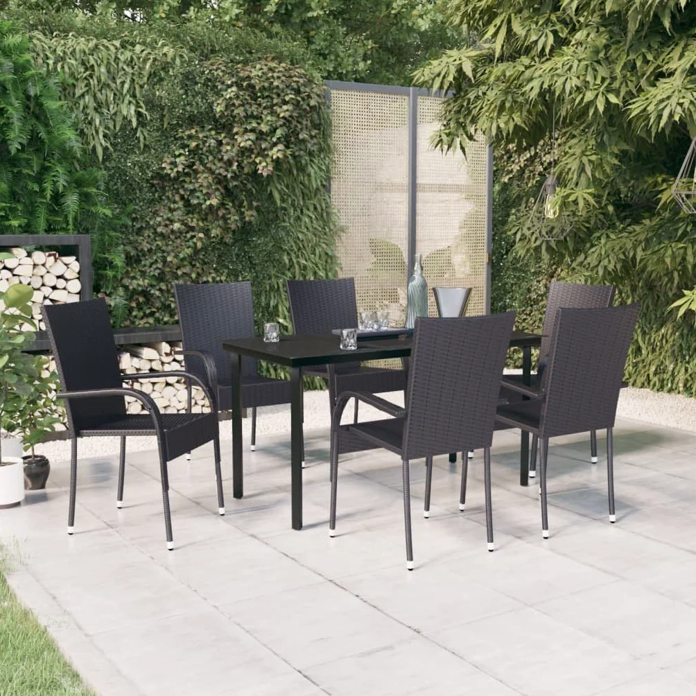 Juego de comedor de jardín de 7 piezas, color negro de acero pulverizado con ratán de polietileno y tablero de cristal como muebles de jardín negro