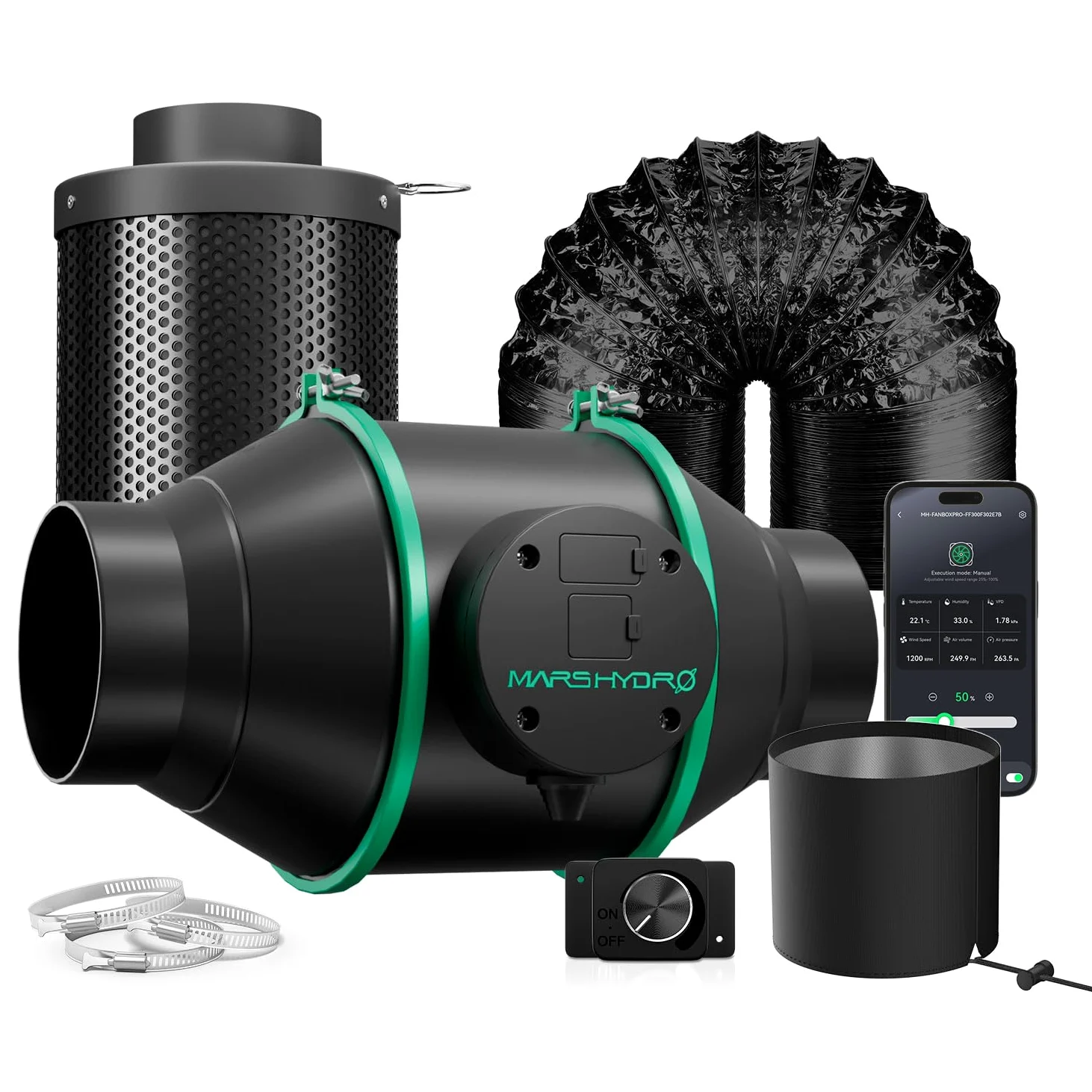 MARS HYDRO iFresh - Combo de ventilador inteligente en línea de 4 pulgadas, con controlador de velocidad variable, sensor de sonda de temperatura y humedad, para calefacción y refrigeración, tiendas