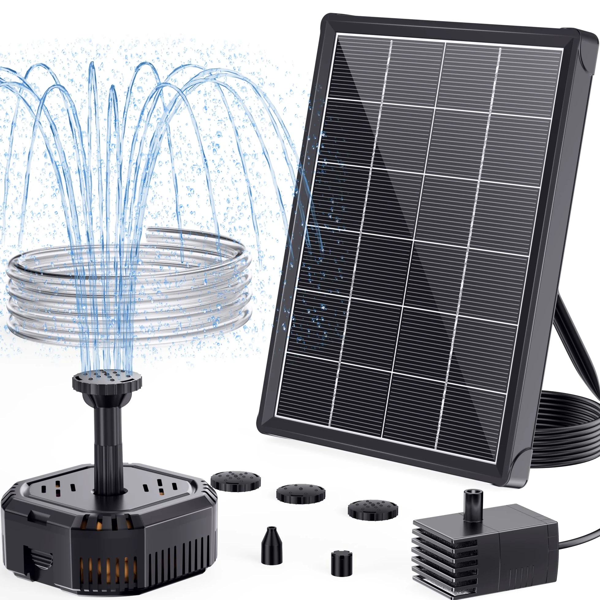POPOSOAP Bomba solar de 3,5 W para baño de pájaros con caja de filtro, fuente de agua solar con boquillas y tubo para estanque pequeño, pecera y función de agua al aire libre, sin electricidad
