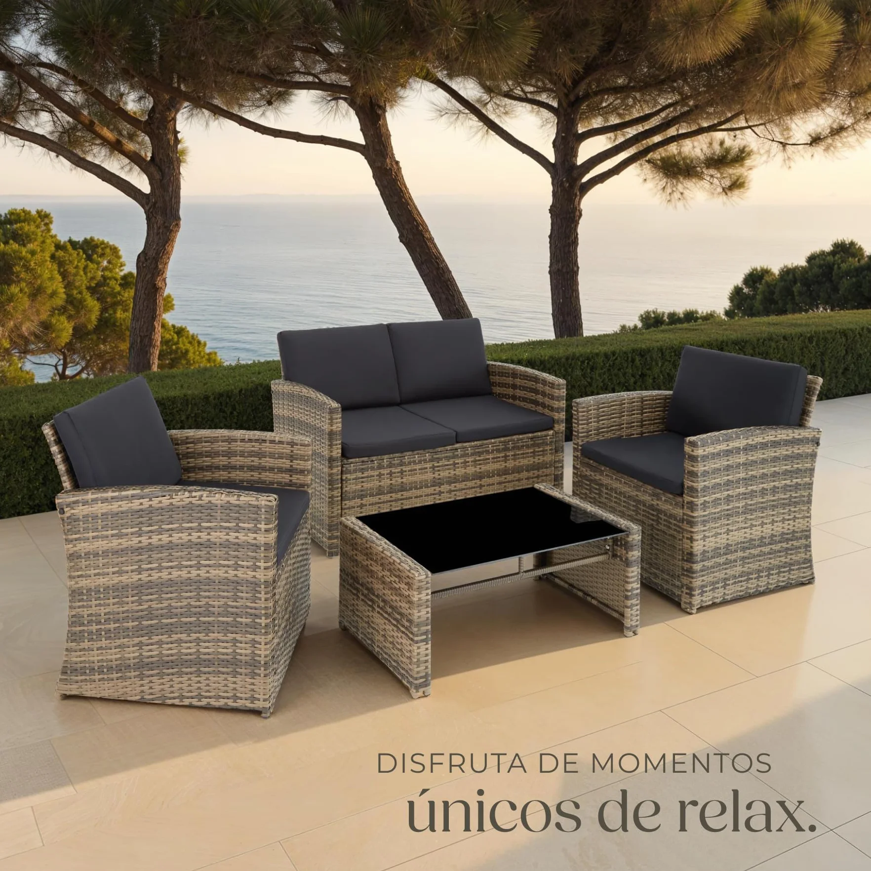 tectake® Conjunto Jardín de Ratán y Acero, Muebles Jardín Exterior, 2 Sillones 1 Sofá 1 Mesa con Cristal, Conjunto Terraza Resistente a Intemperie, con Cojines, Fundas Extraíbles - natural/gris oscuro