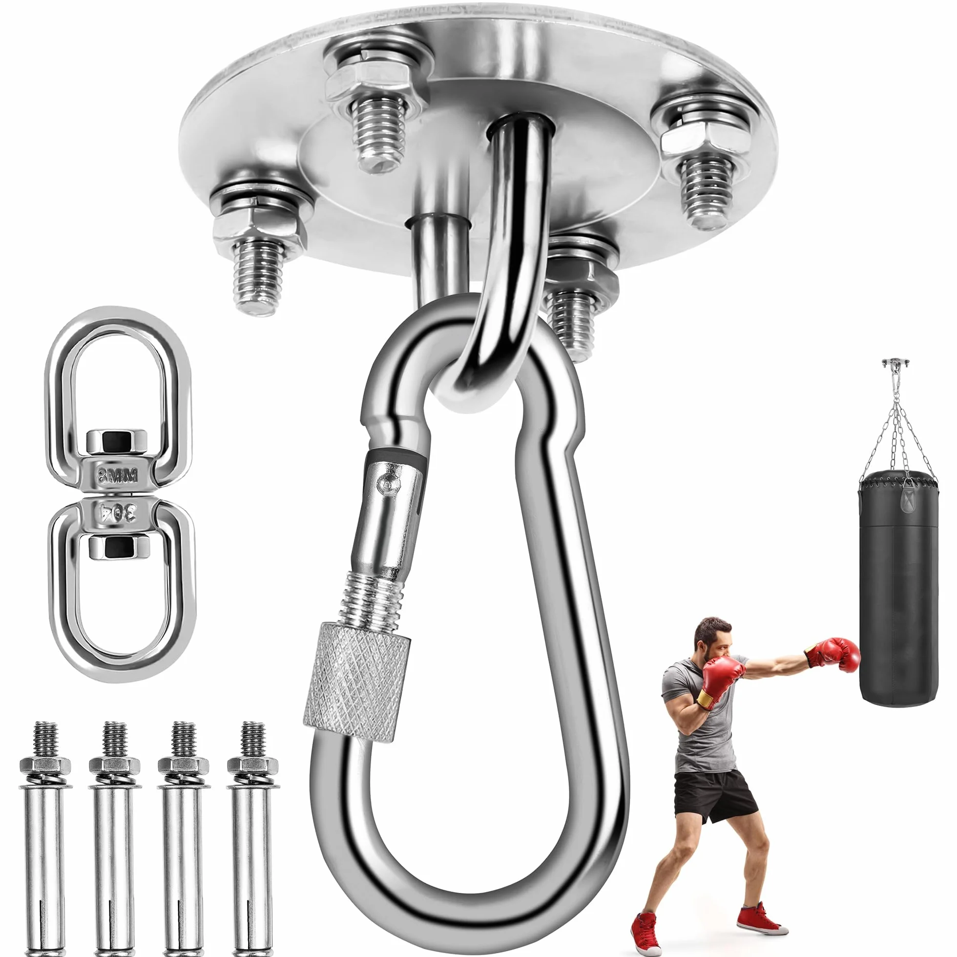 Gancho de Techo, Soporte de Techo para Saco de Boxeo de Acero Inoxidable de hasta 400 kg, Colgante Soporte 360° Rotación con Anillo M8, para Saco de Boxeo, Hamacas, Yoga, Silla Colgante