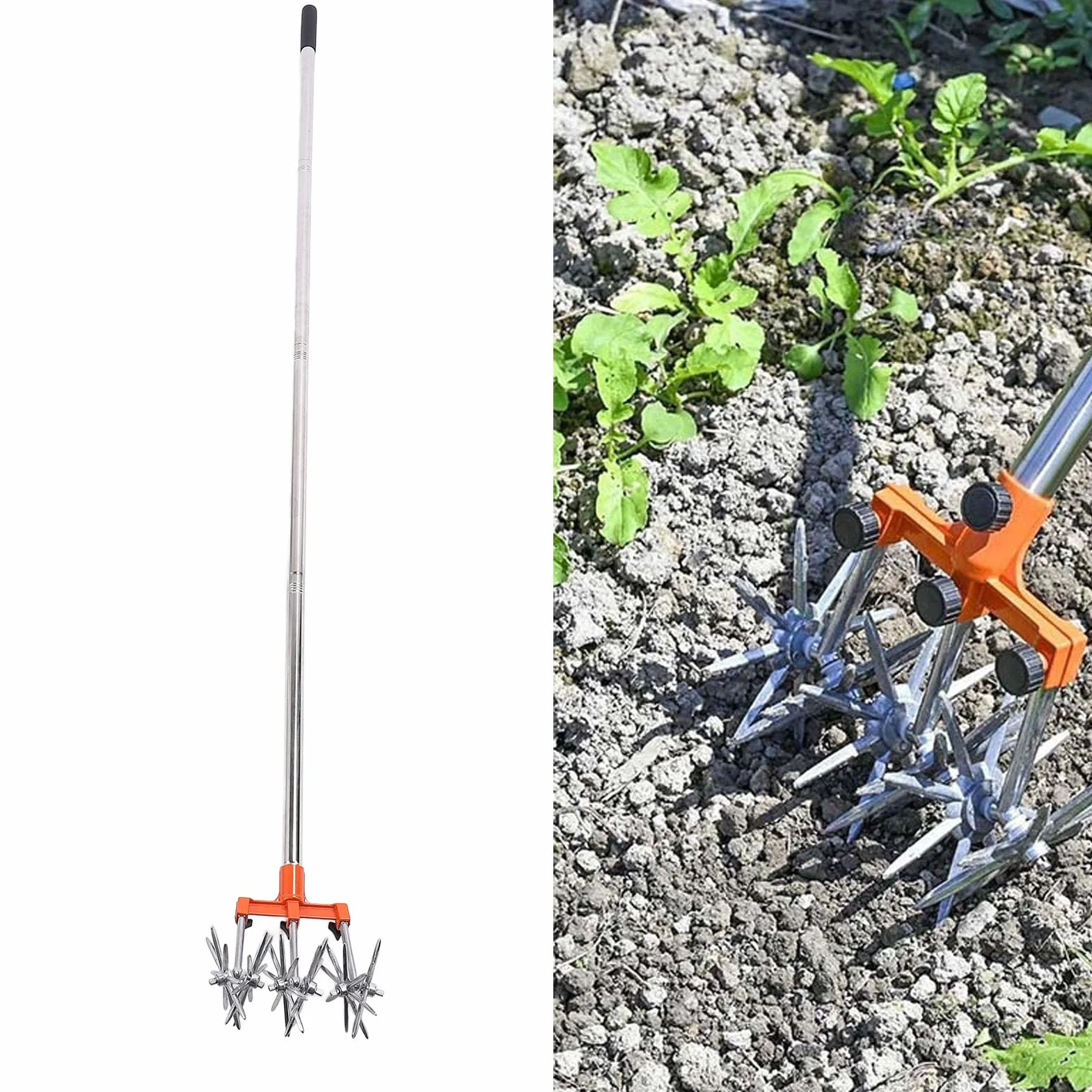 Cultivador Manual de Manual de Tiller, Acero Inoxidable Liviano con 3 Impulsores Intercambiables, Manija y Ruedas Ajustables, Fácil de Ensamblar y Moverse