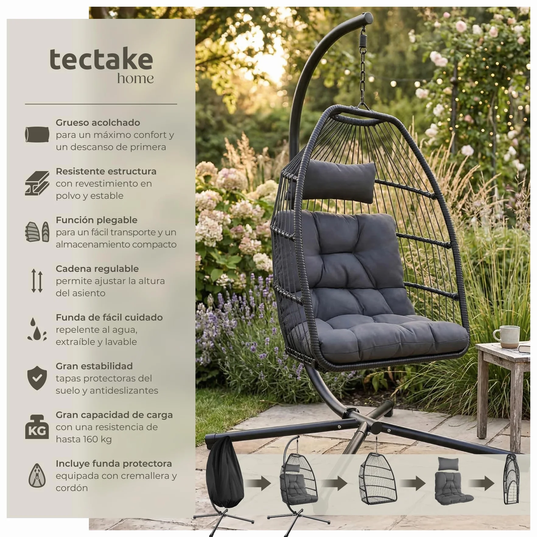 tectake® Columpio Jardín Exterior, Silla Colgante con Cojín Extragrueso, Sillón Balancín con Estructura de Acero y 4 Pies en Base, Hamaca Colgante Interior/Exterior, Plegable, Capacidad 160Kg - Gris
