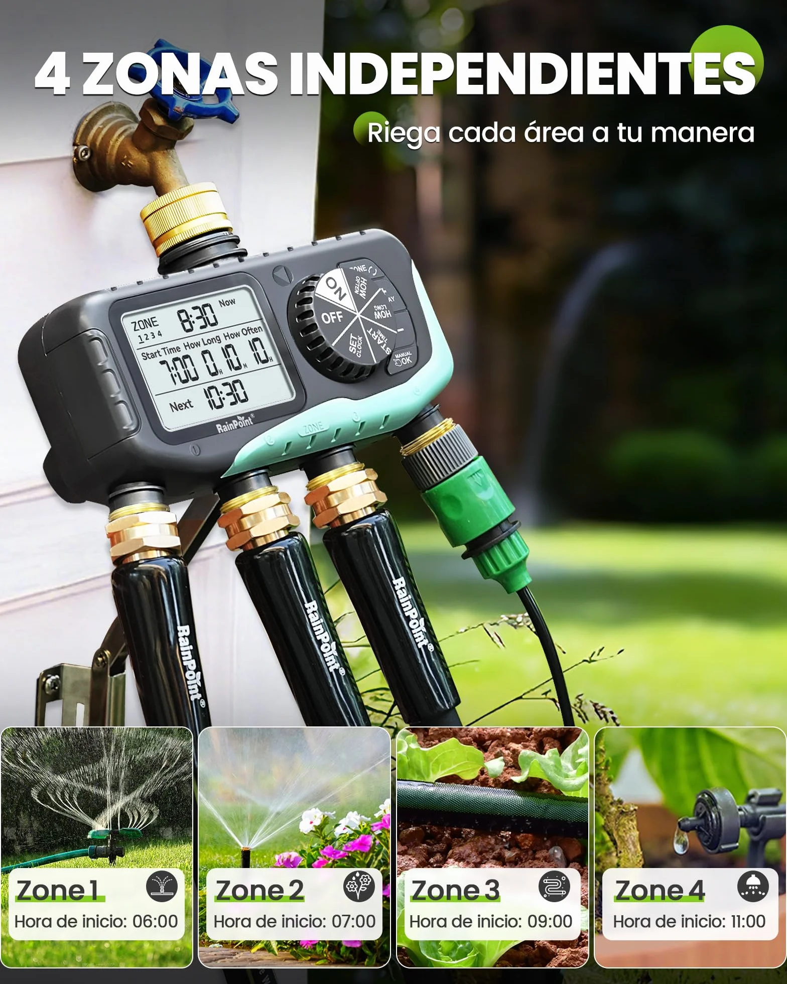 RAINPOINT Programador Riego 4 Salidas, Entrada y Salida de Latón, Impermeable IP65, Temporizador de Riego Automático con Retardo de Lluvia/Riego Manual, para Invernadero, Césped y Jardín