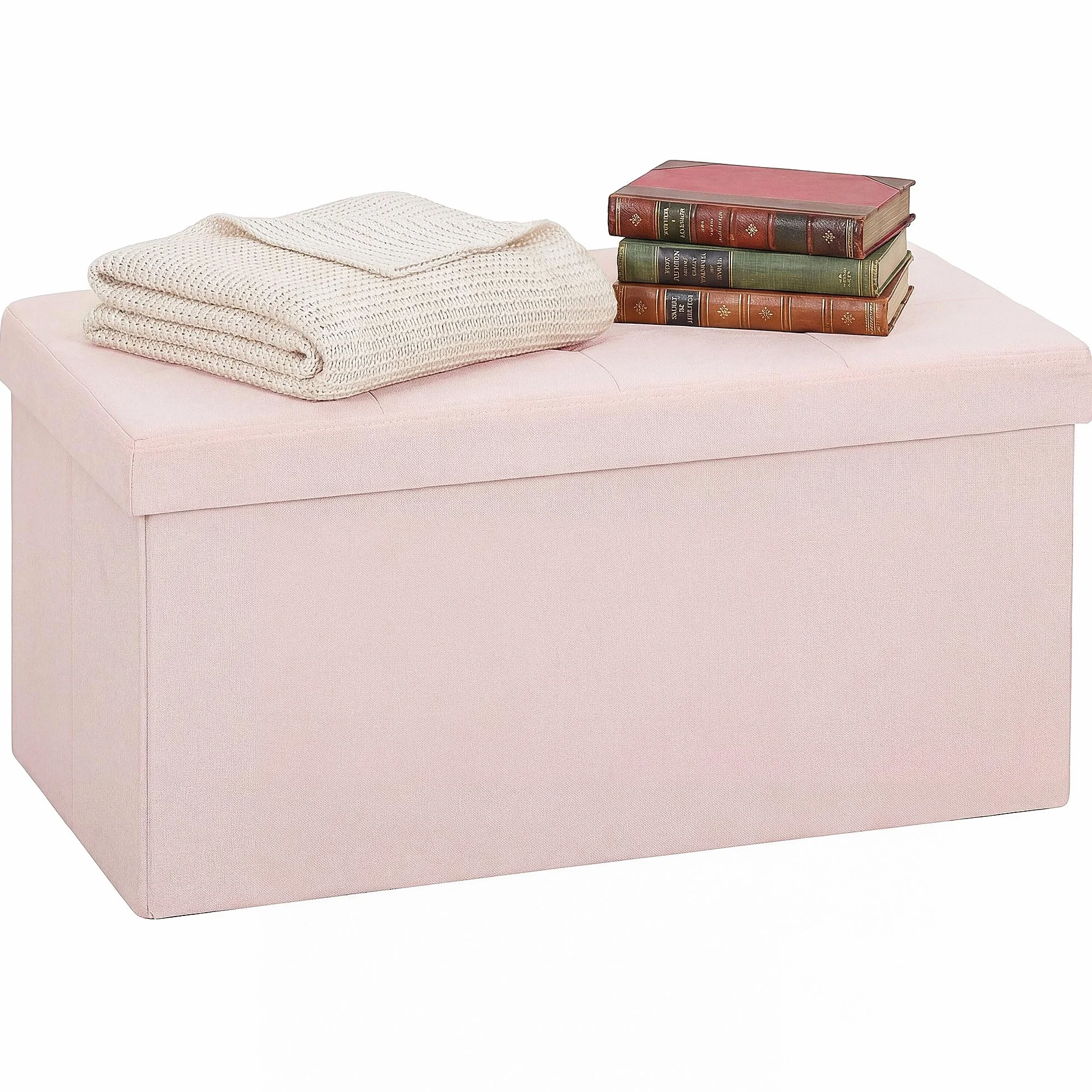 HOMCOM Puff Almacenaje, Banco Almacenaje Plegable, 84 L, 76x38x38 cm, Tapizado en Lino Sintético, Baúl de Almacenamiento, Carga 120 kg, Taburete para Sala de Estar, Dormitorio, Entrada, Rosa