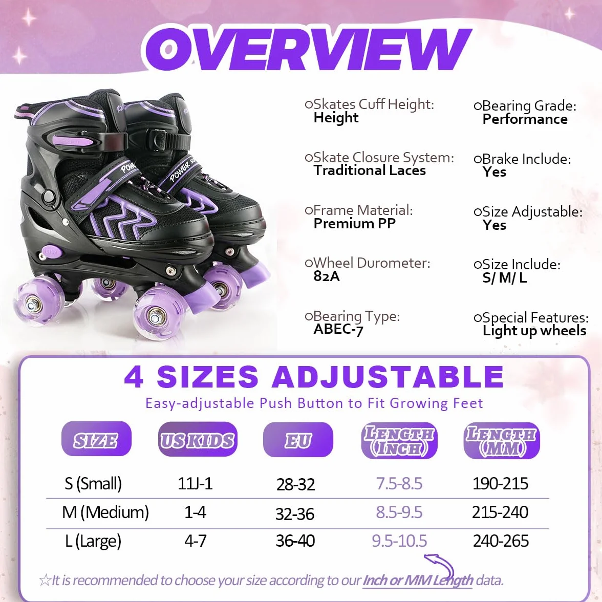 Patines 4 Ruedas Niñas Niños Roller Quad Ajustables con Ruedas Luminosas Principiantes
