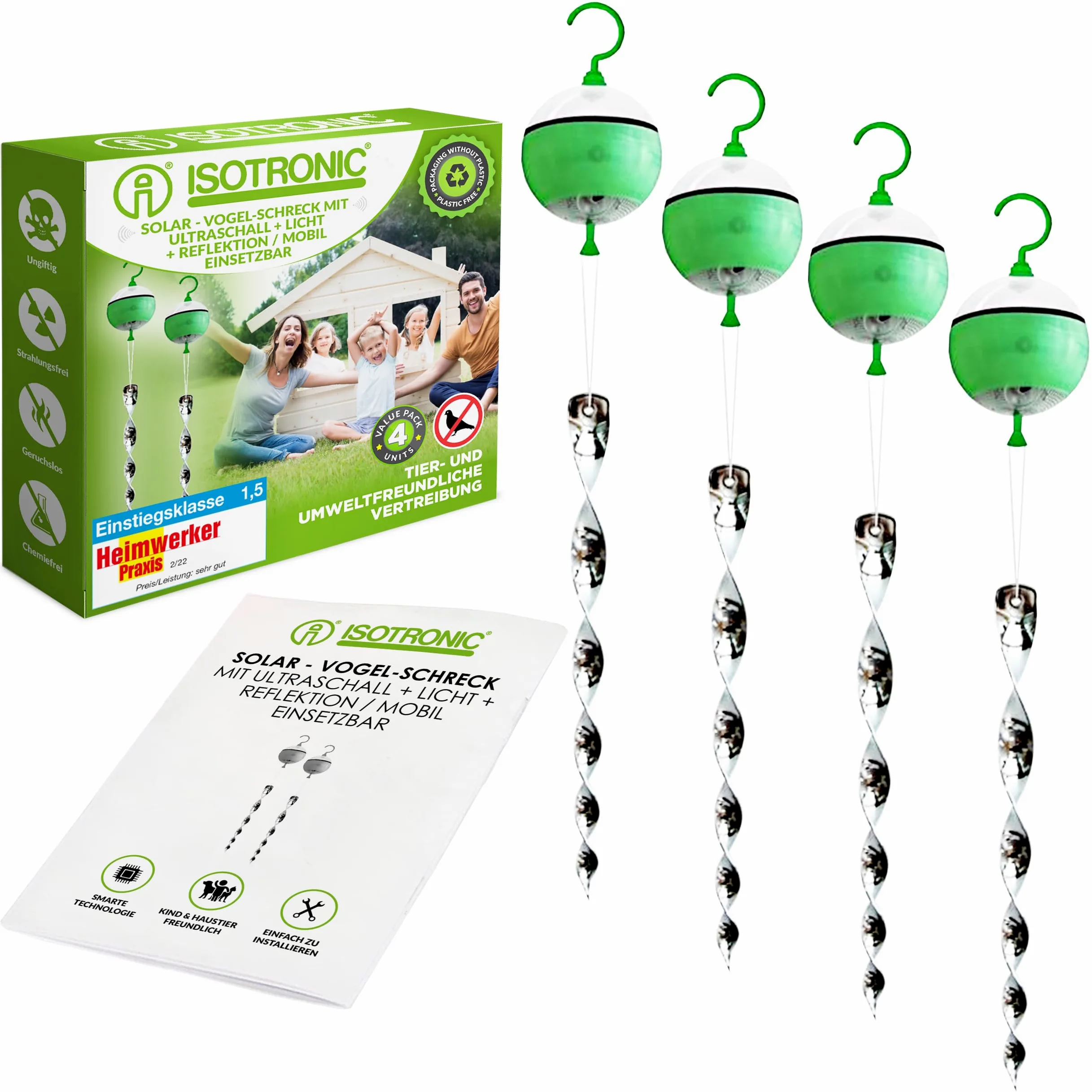 ISOTRONIC Repelente Solar para Aves con acción 4 en 1: Movimiento, ultrasonido, luz Azul y reflectores Plateados. Ahuyentador de Aves y Palomas para balcón y jardín (4 Unidades).