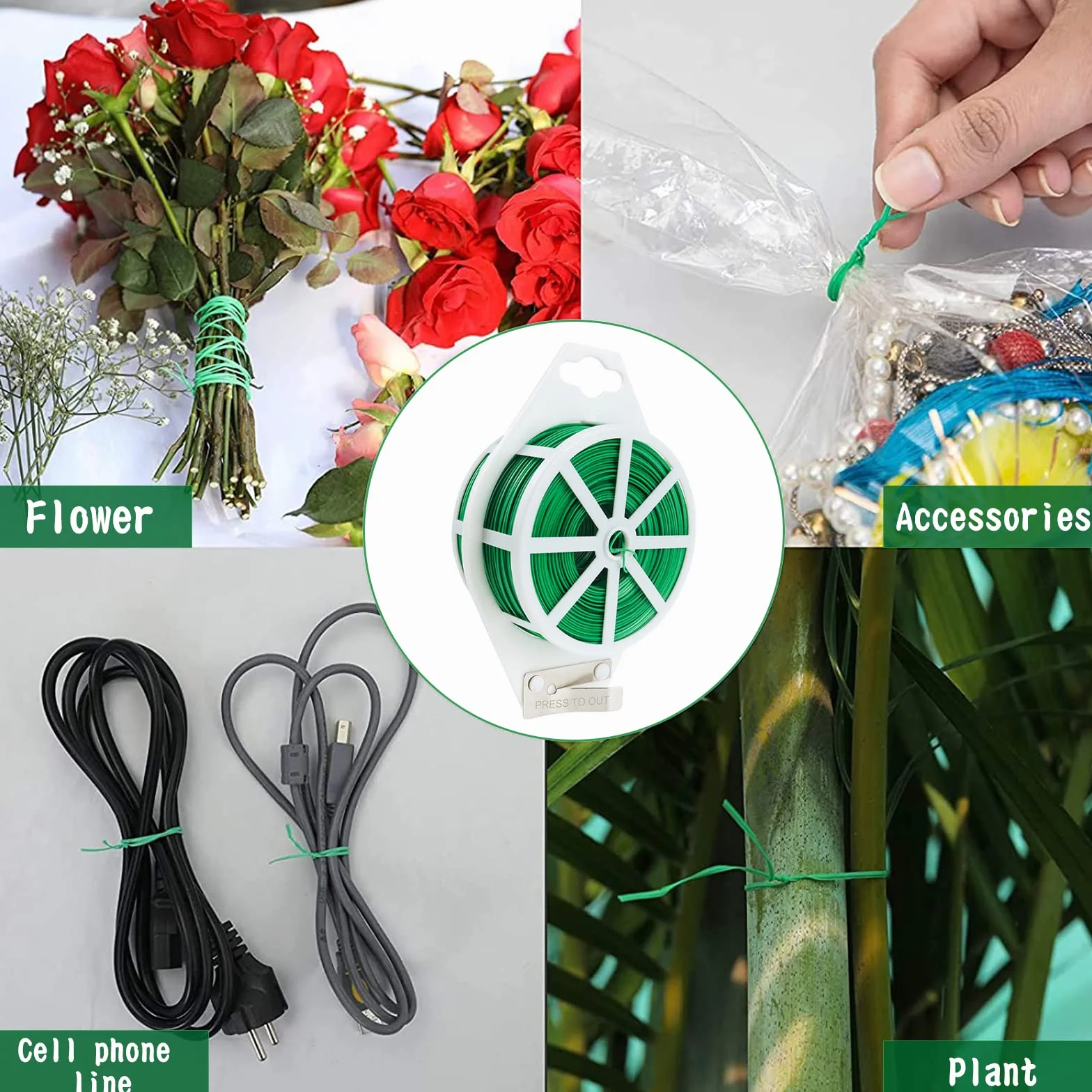 Alambre de jardín de 200 m, alambre verde, alambre para plantas, alambre de flores recubierto de plástico con cortador para jardinería, hogar, oficina