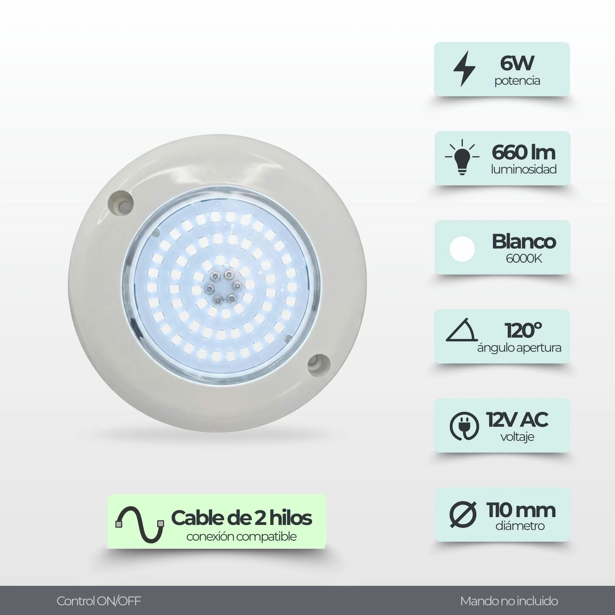 SWIMHOME Warmpool Foco LED Mini de Superficie para Piscina y Escalera, Blanco Frío 6000K, 6W, Resina Epoxy, Ø11cm