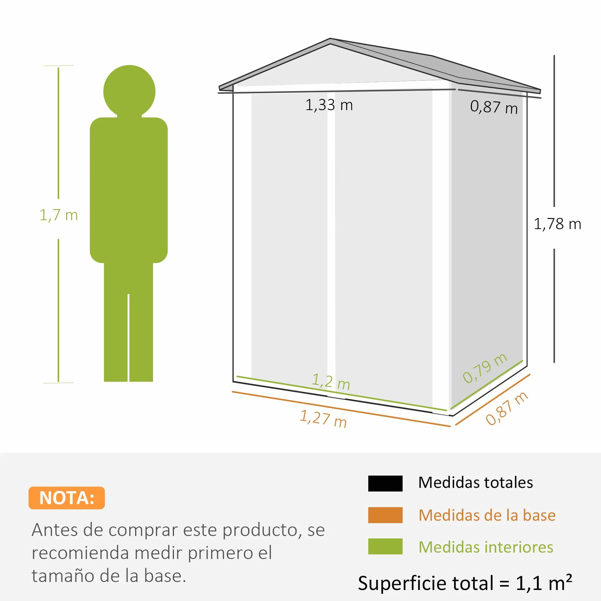 Outsunny Caseta de Jardín Exterior 1,1 m², 133x87x178 cm, Cobertizo Metálico con Puertas Abatibles Dobles, Techo a Dos Aguas y Guantes, Almacenaje de Herramientas y Bicicletas, Gris