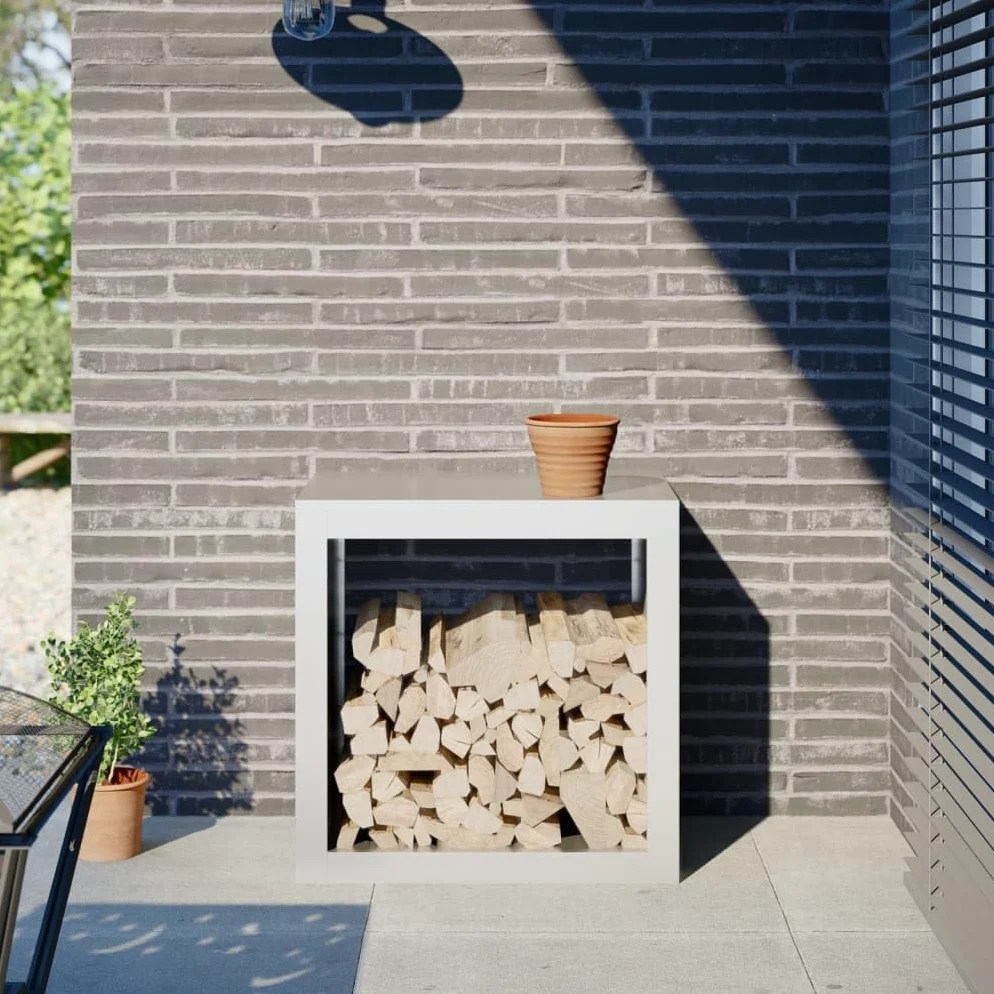Estantería para leña de acero blanco, 60 x 40 x 60 cm, soporte para leña para interior, salón, terraza, jardín, patio para el almacenamiento ordenado de leña y troncos junto a chimenea