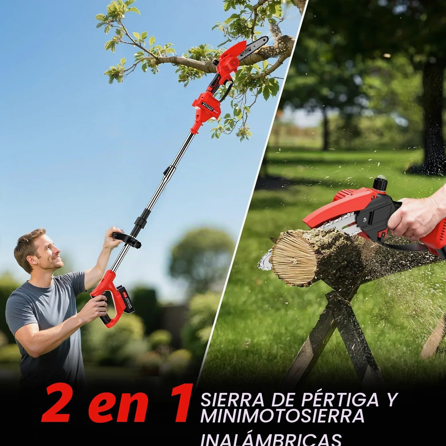 Motosierra Batería Sin Cable, 2 en 1 Mini Motosierra y Podadora de Pértiga, con 2 Baterías de 1500mAh, Sierra de Poda Telescópica Eléctrica, Guantes para Podar Arboles Patio de Jardín árboles, Rojo