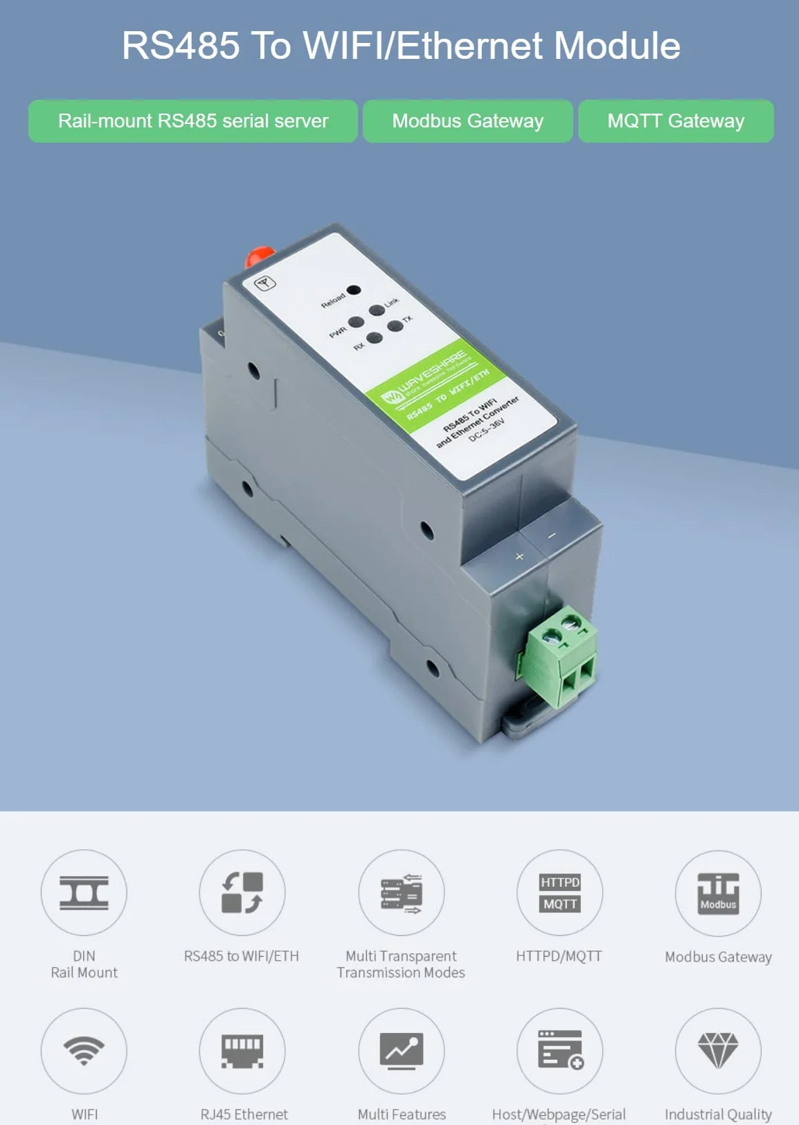 Módulo RS485 a WiFi Ethernet, Gateway Modbus MQTT, Servidor Serial Montaje en Riel, Puertos RS485/WiFi/Ethernet