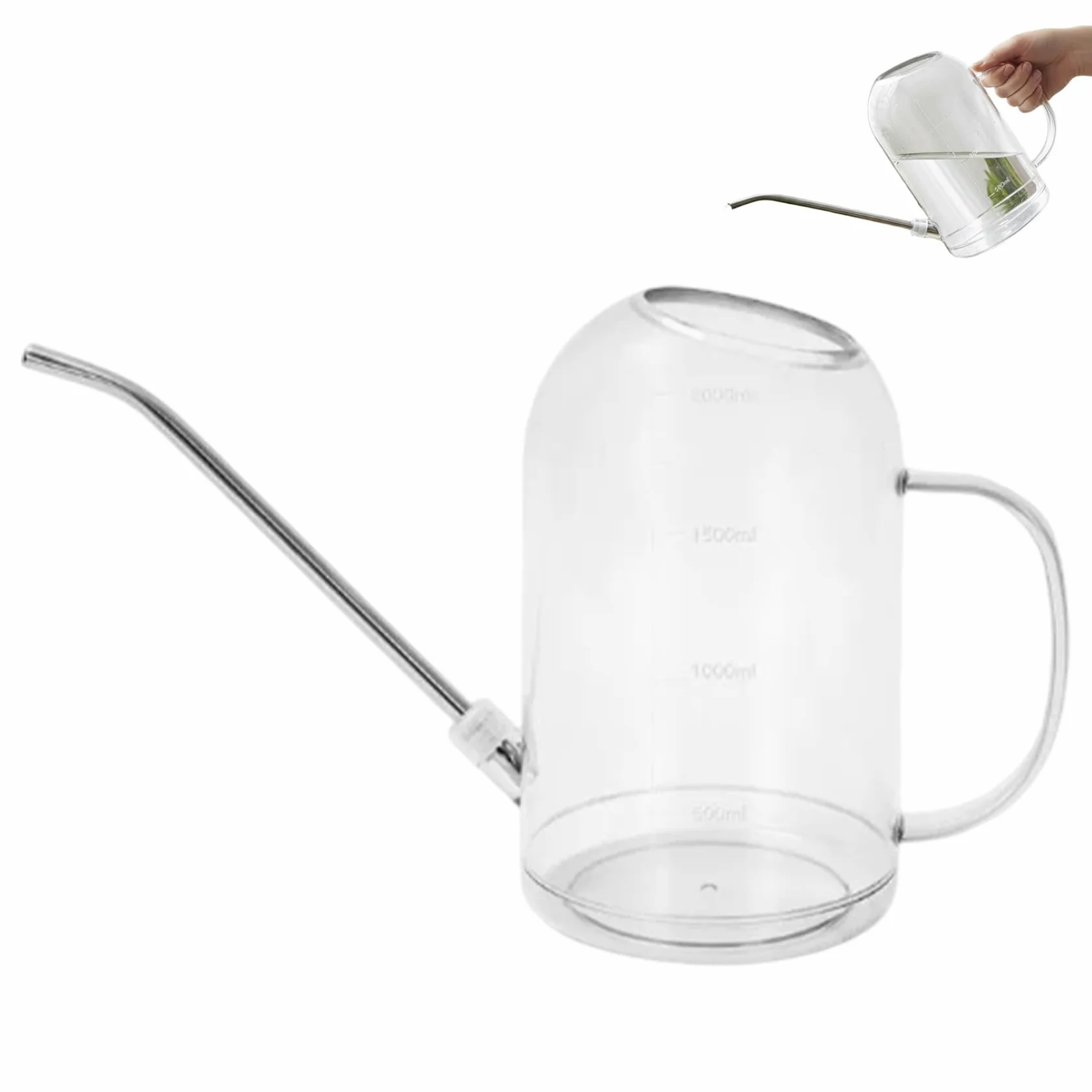 Regadera de Interior de 2 litros, regadera Transparente con Pico Largo de Acero Inoxidable, Mango y aspersor Desmontable para Plantas de Interior, balcón y jardín