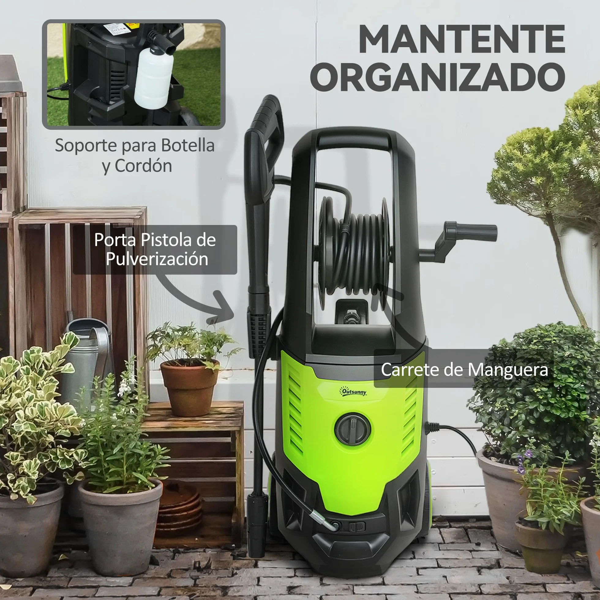 Outsunny Hidrolimpiadora de Alta Presión 2200W, Presión 170 Bar, Caudal 420 L/h, con Bomba de Aluminio, Parada Automática, Manguera de 6 m, Incluye Botella de Espuma y Boquilla Ajustable Verde y Negro