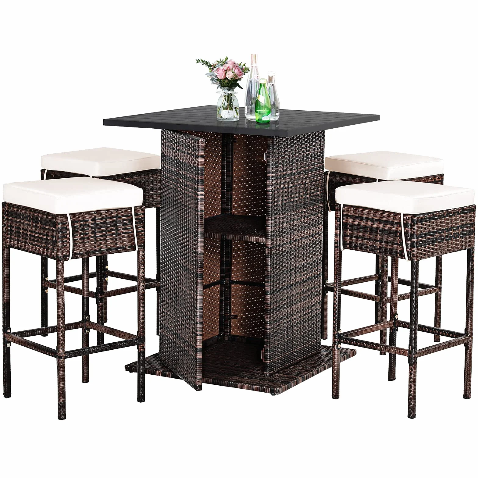 COSTWAY Juego de Bar de Mimbre para Exteriores de 5 Piezas, Mesas Altas y 4 Taburetes con Cojines, Mesa con Tapa Lisa y Estante de Almacenamiento Oculto