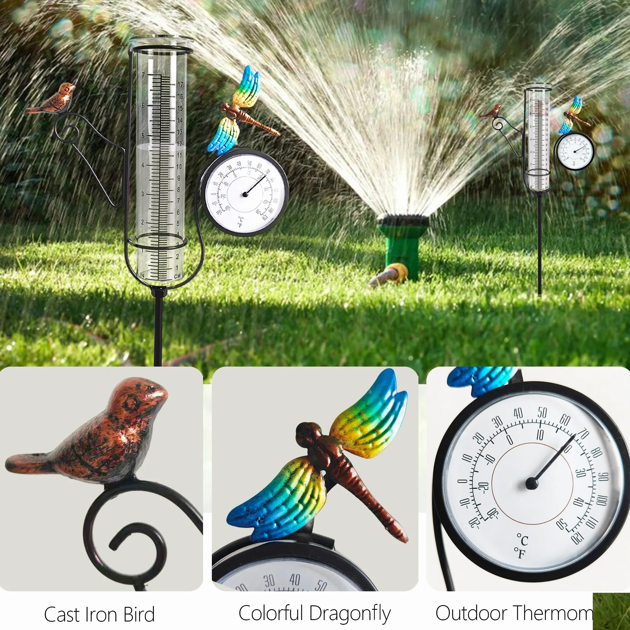 Bird & Dragonfly Art - Medidor de Lluvia para Exteriores, con termómetro de Calibre de 27 Pulgadas, Marco de Metal, medidores precisos al Aire Libre, números Grandes, Adecuado para jardín