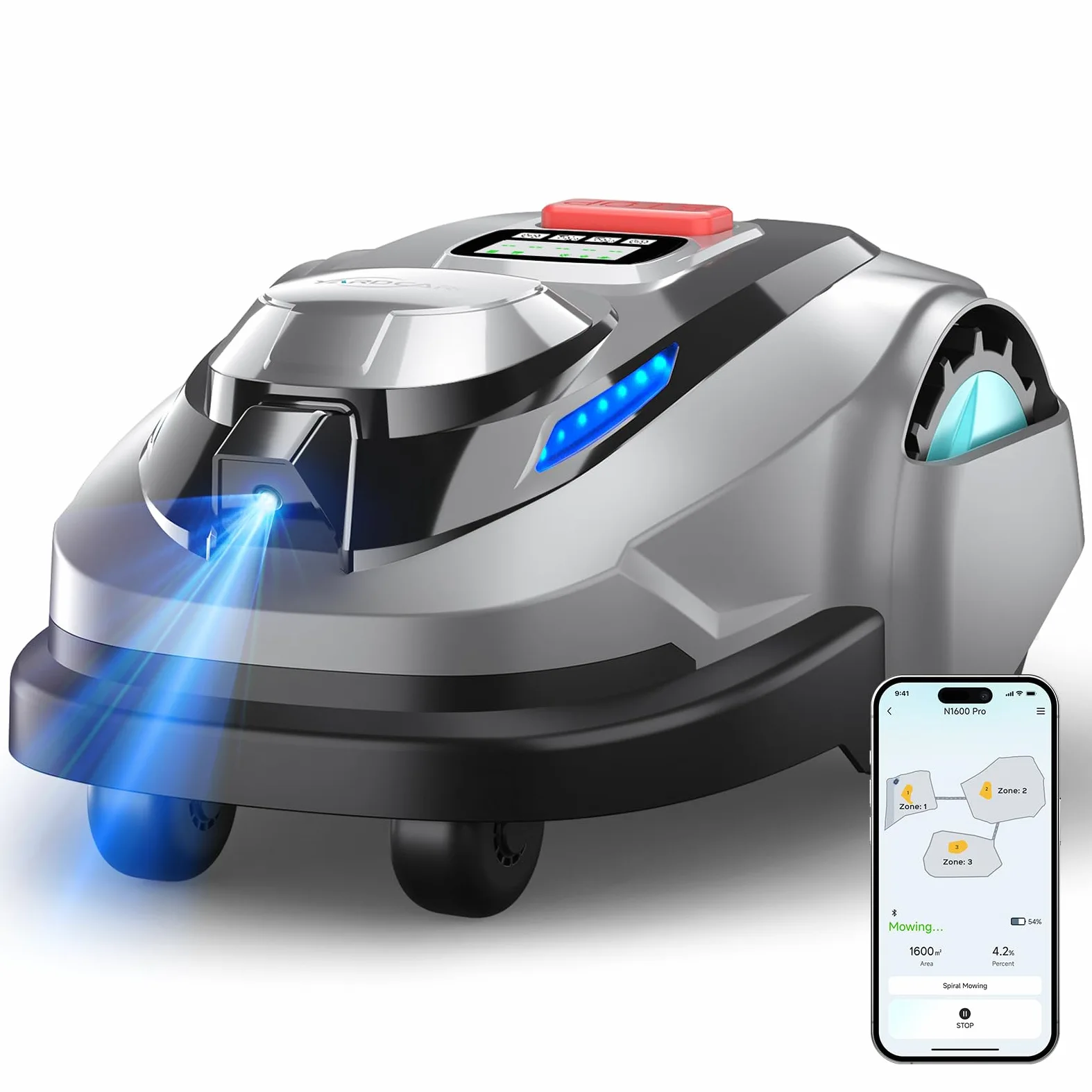 YARDCARE N1600PRO – Robot cortacésped sin Cable perimetral con navegación RTK & Visión IA, para Jardines hasta 1600 m² Corte sistemático en U, gestión multizona, Ajuste de Altura por App