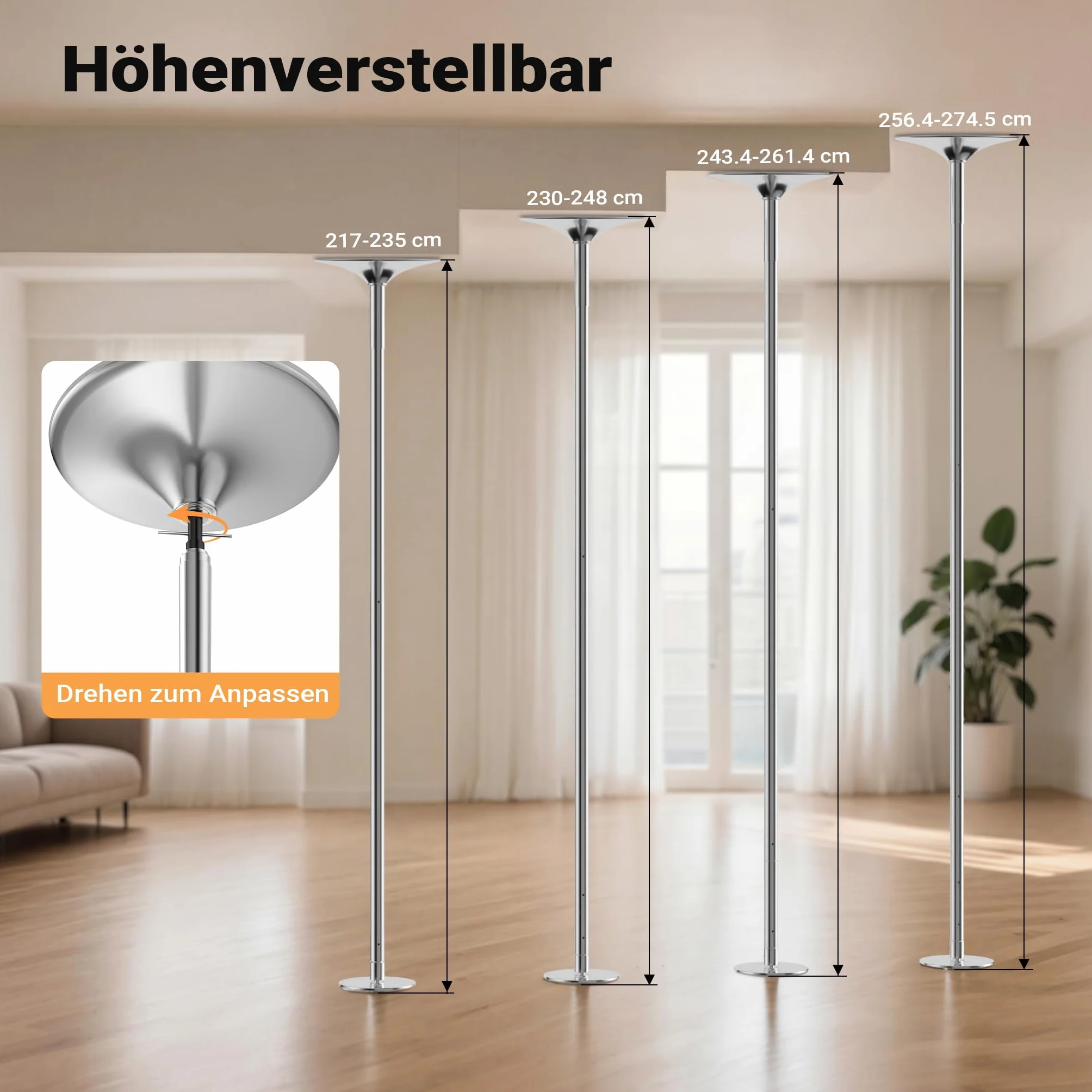 WilTec Barra de Baile Profesional Pole Dance Ø45mm Altura Ajustable 2,31-2,74 m Acero