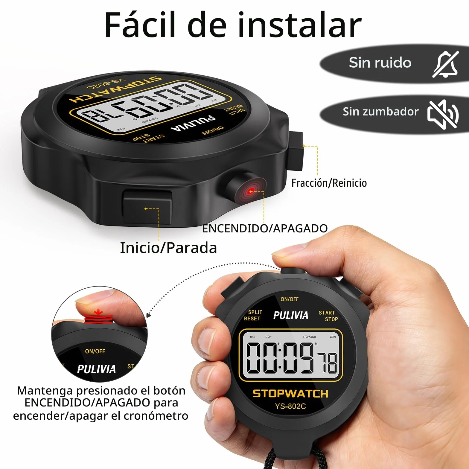 Cronómetro Deportivo Digital Silencioso, Negro para Entrenamiento de Niños y Entrenadores