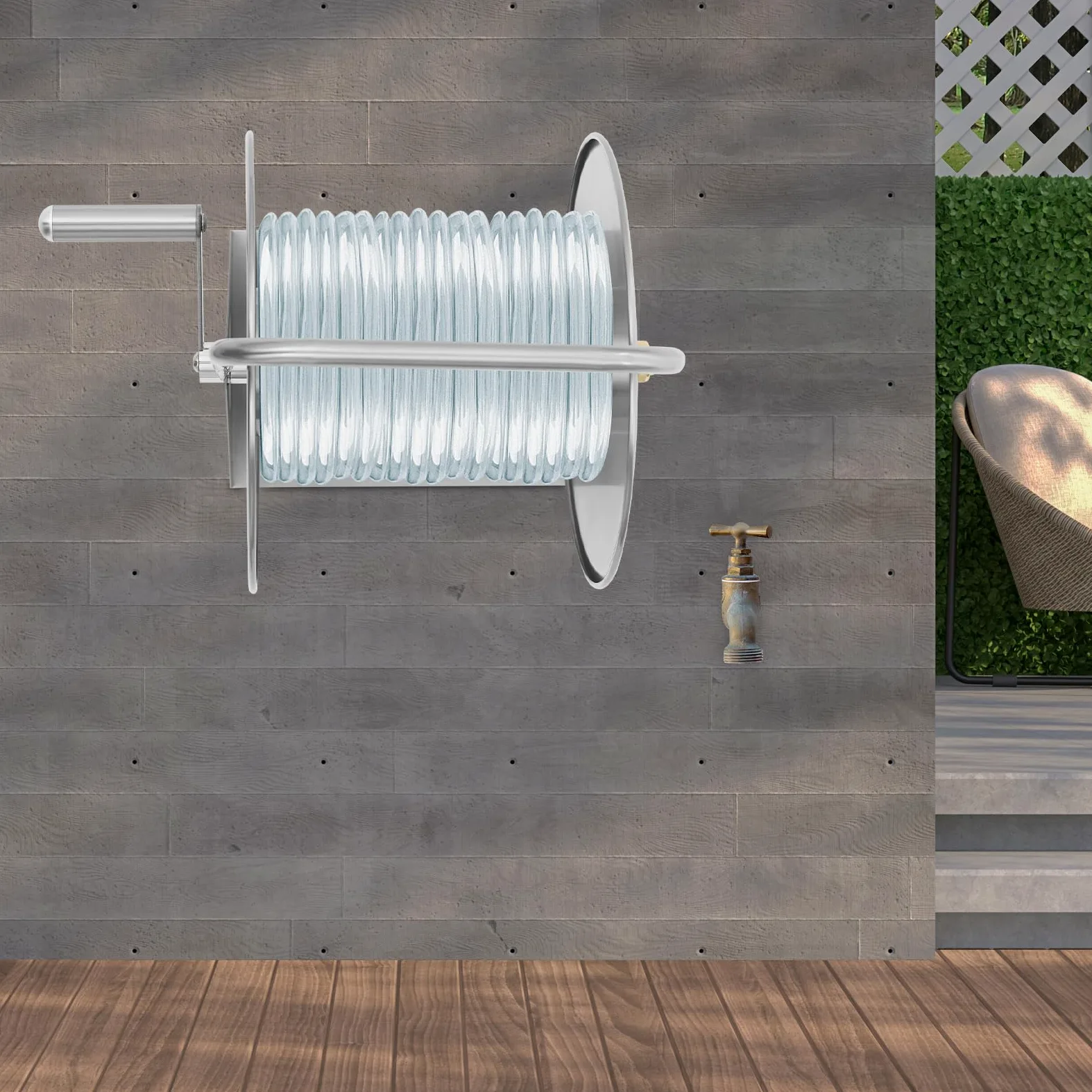 Carrete de manguera de pared de 50 m sin manguera, enrollador de manguera de jardín, de acero inoxidable, montaje en suelo, rollo de manguera de agua con manivela, hasta 16 x 12 mm, 27,5 x 20 x 43 cm