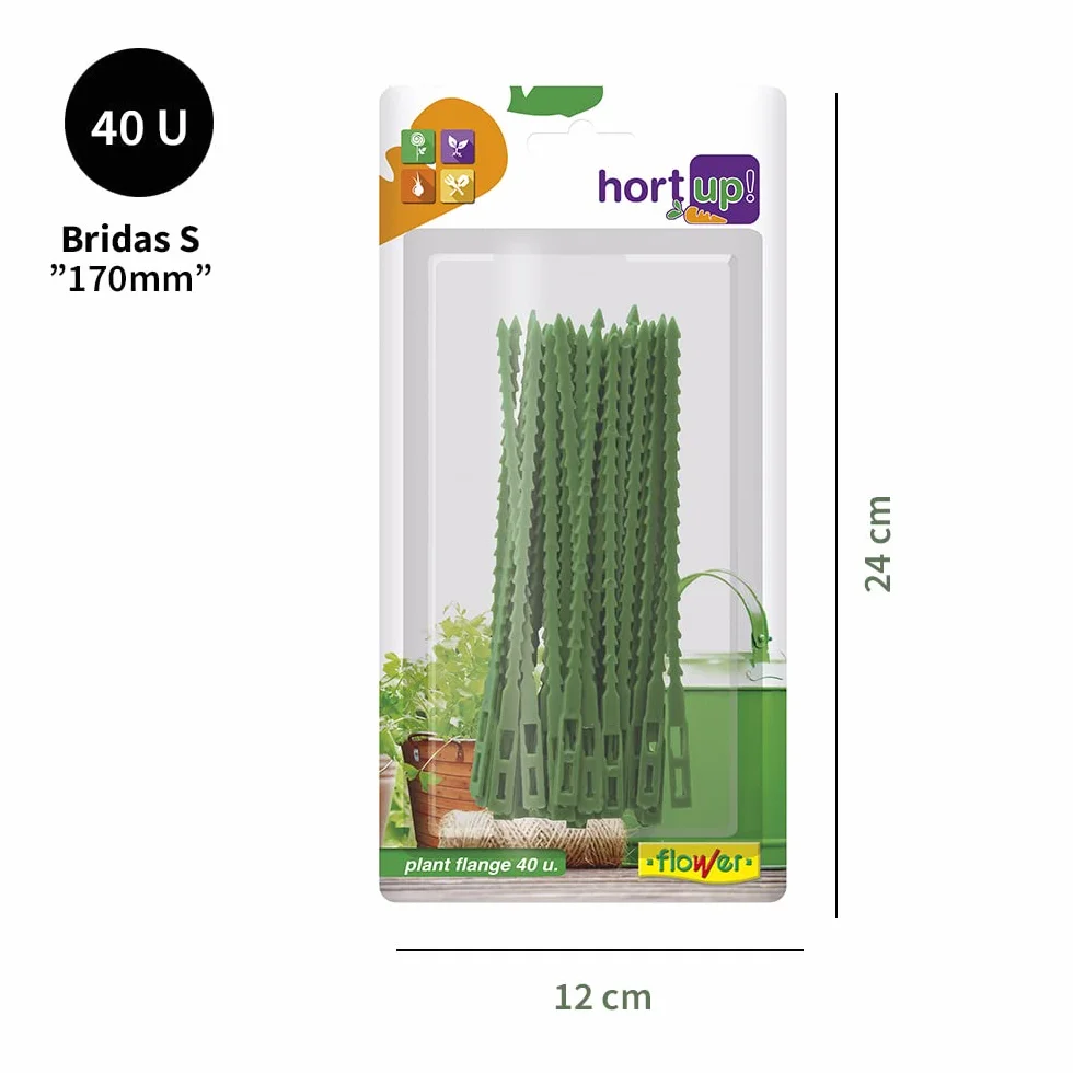 Flower - Bridas Ajustables y Reutilizables | Sujeción Segura para Plantas | Plástico Resistente | Verde Natural | Ideal para Jardinería, Verde, 12x2.5x24 cm, Plástico