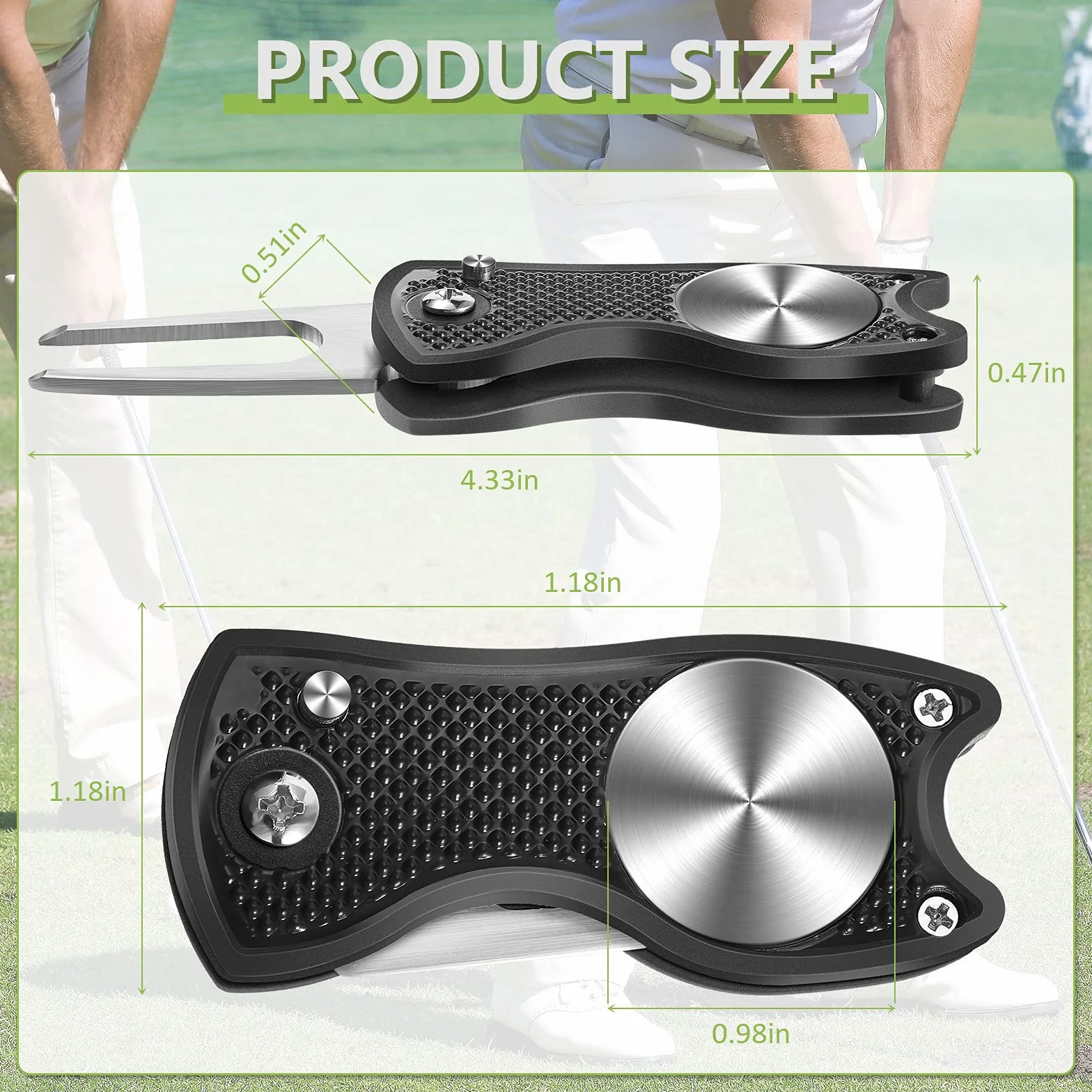 Golf Divot Tool Acero Inoxidable Plegable Horqueta Reparación con Marcador Pelota Negro