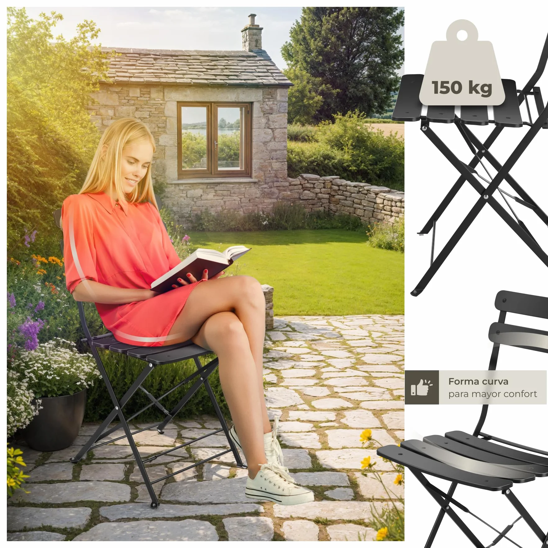 tectake® Conjunto Muebles Jardín Exterior de Mesa de Bistró y 2 Sillas, Plegables, Tapas Antideslizantes, Mesa y Sillas Terraza Estilo Retro con Estructura de Acero, Ideal Balcones Pequeños - Negro