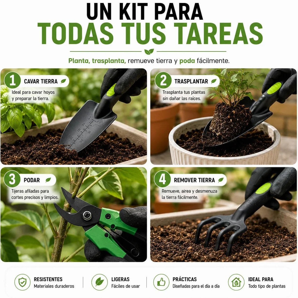 Kit 5 Herramientas de jardinería Resistente de Fibra de Vidrio Ideal para jardín, huerto Urbano o terraza | Kit jardineria Completo Que Incluye: Pala, Rastrillo, Azada, Tijeras de Podar y Guantes.