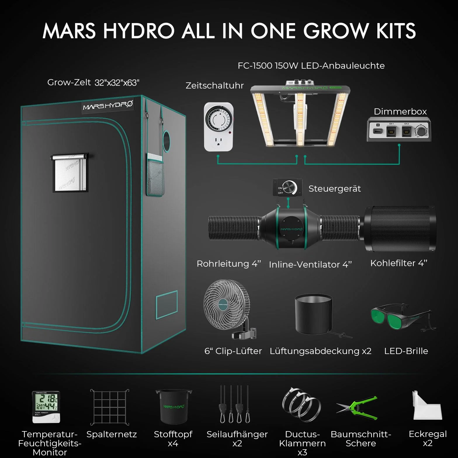 Mars Hydro FC1500 Smart Growtent, juego completo, aplicación Samsung, control remoto, lámpara LED regulable, 80 x 80 x 160 cm, 1680D de alta reflexión, Mylar Grow Box, juego completo, aplicación de 4