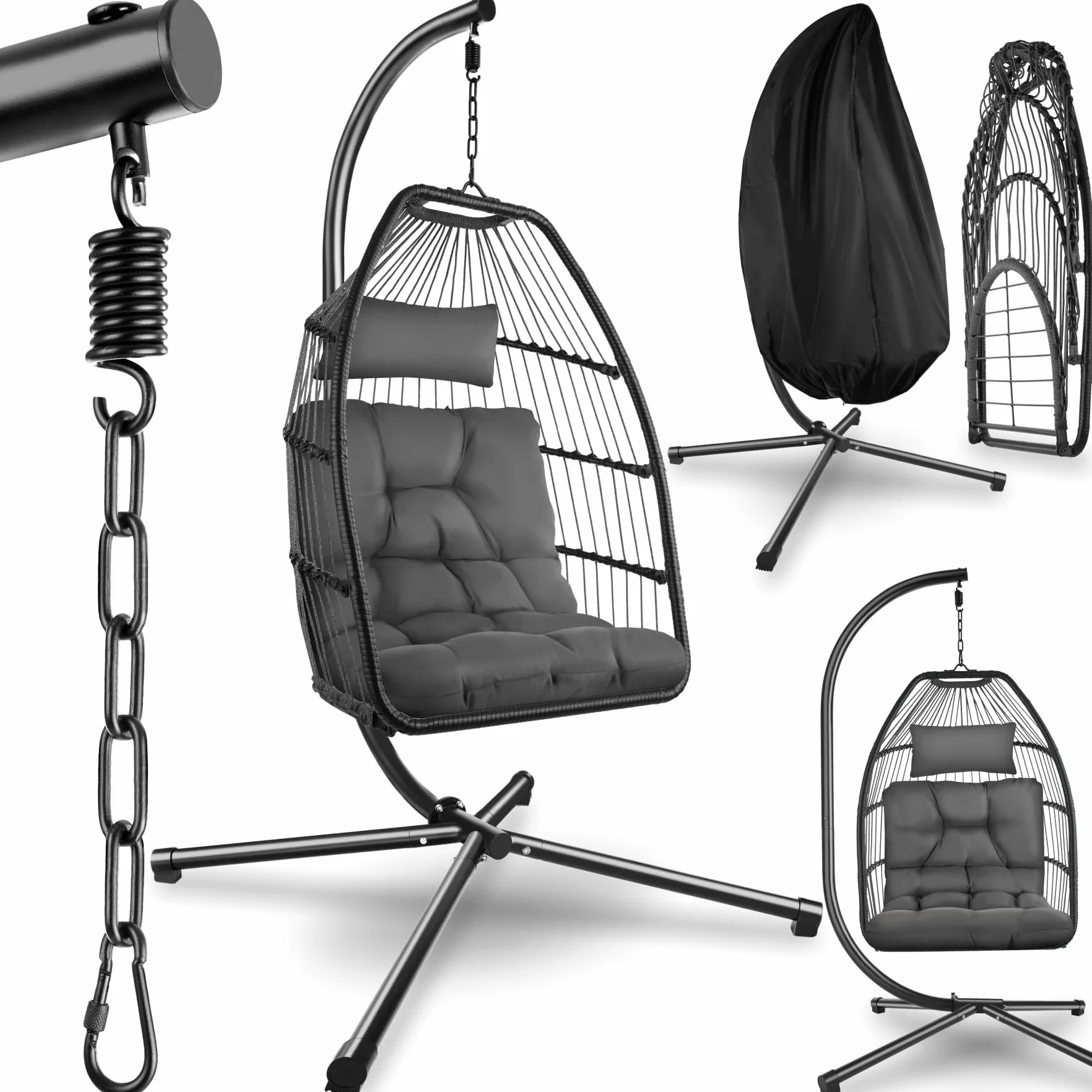 tectake® Columpio Jardín Exterior, Silla Colgante con Cojín Extragrueso, Sillón Balancín con Estructura de Acero y 4 Pies en Base, Hamaca Colgante Interior/Exterior, Plegable, Capacidad 160Kg - Gris