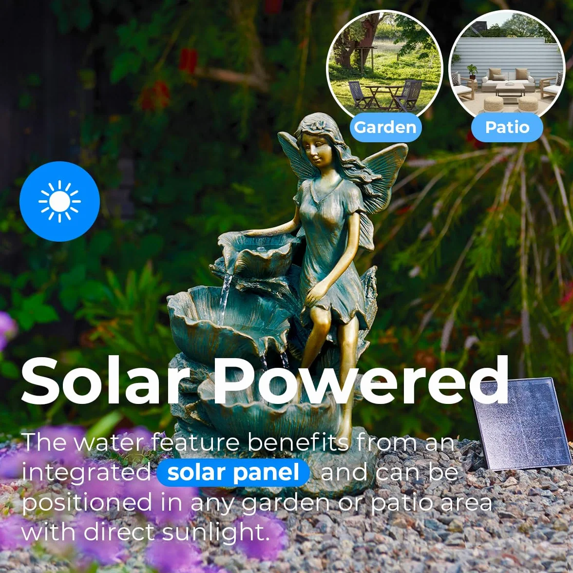 Festive Lights Fuente solar LED de 41 cm, con diseño de hadas, cascada, funciona con energía solar, para interior y exterior, fuente solar para exterior, jardín de bronce