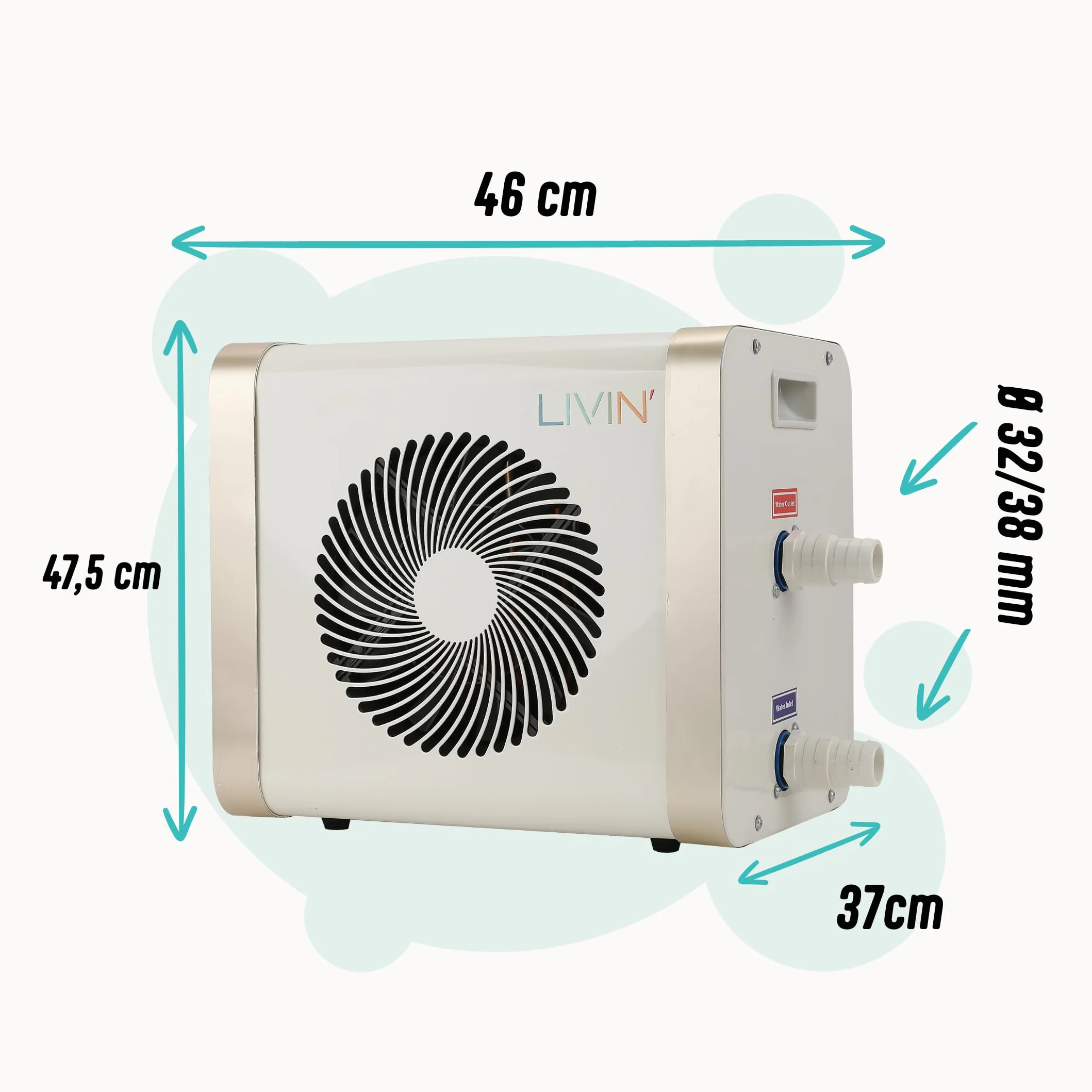 LIVIN' Minibomba de calor para piscina de 5 kW, accesorios para piscina con 32/38 mm de diámetro, para calentar piscinas grandes con 20.000 L de capacidad, indicador LED, corriente de 230 V,