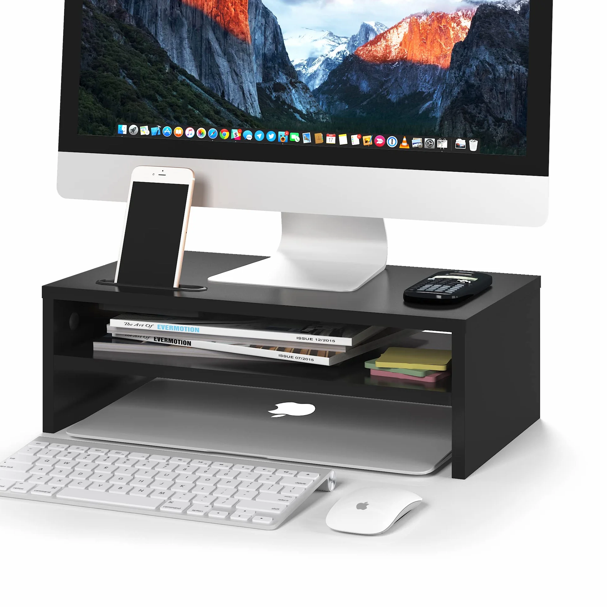 BONTEC Elevador Monitor Escritorio Madera, Soporte 2 Niveles Gestión Cables Ranura Móvil, 30 kg, Negro 420x235x142mm
