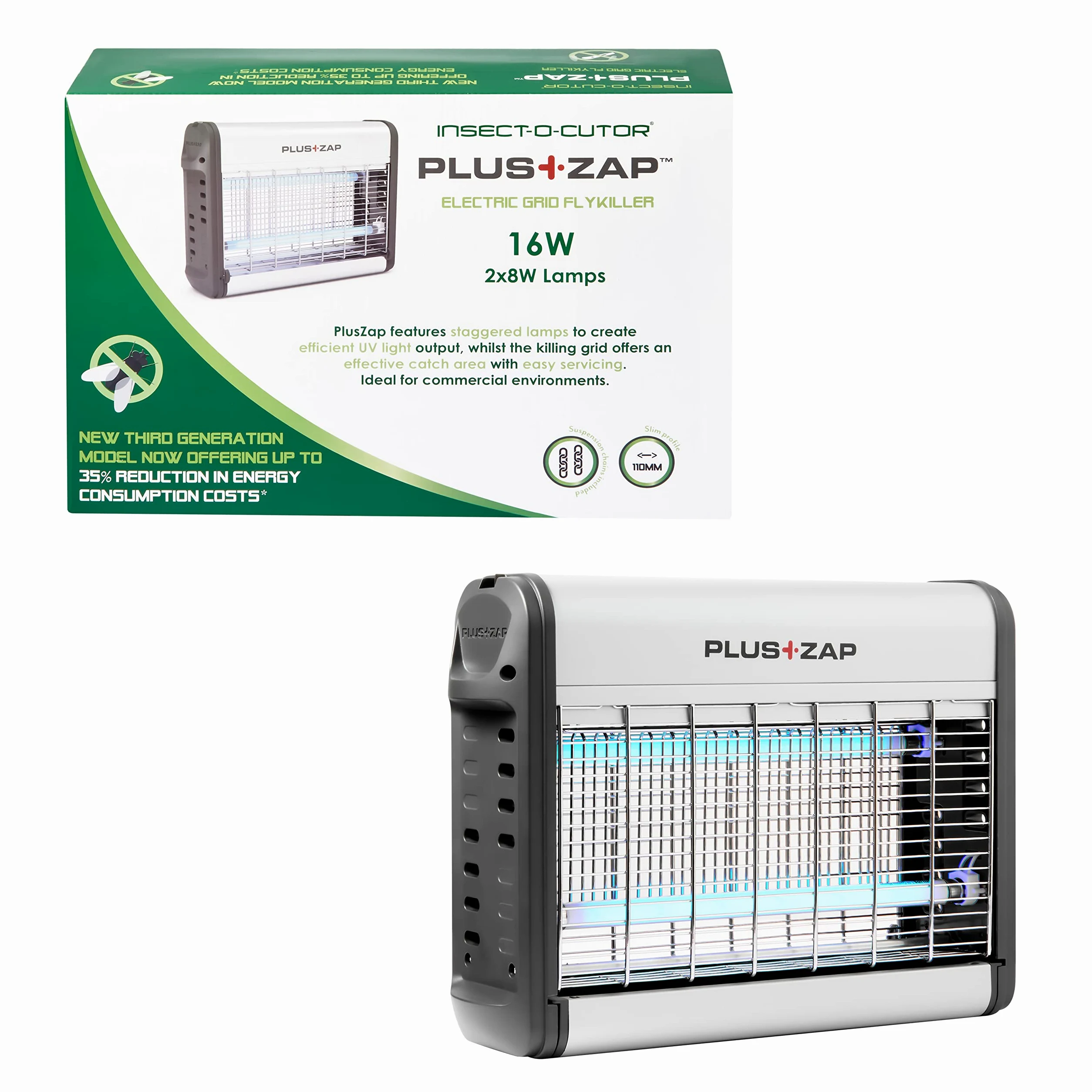Insect-O-Cutor PlusZap Electric Fly Killer - Fast Acting Mosquito Control - Powerful Killing Grid - Pre Installed UV Lamps - Catch Tray - Zap Kill Trap - Flying Insects - 16W Aluminium - 3rd Gen