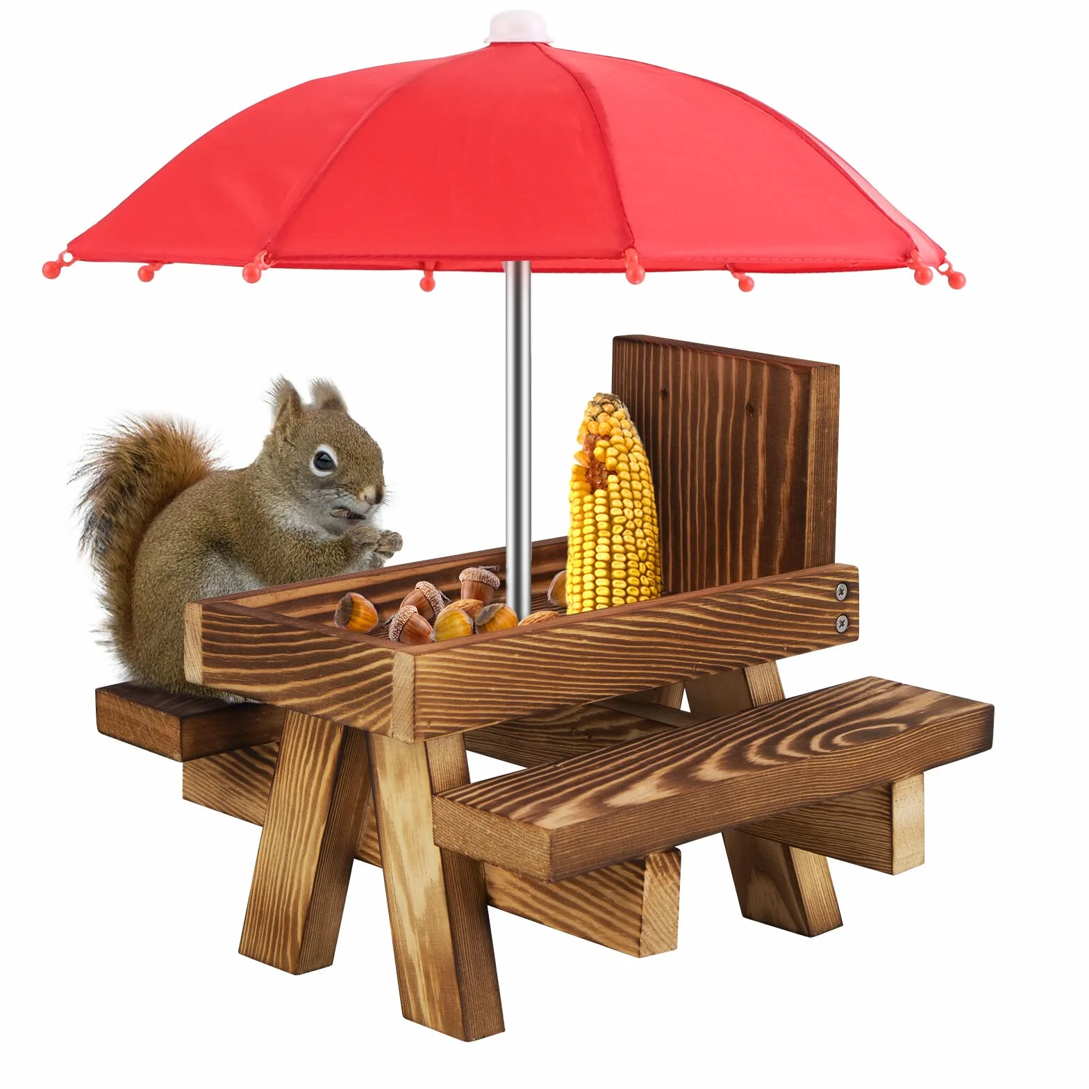 Comedero de ardillas de madera para exteriores, divertido mesa de alimentación para ardillas con un paraguas para jardín, patio, árbol