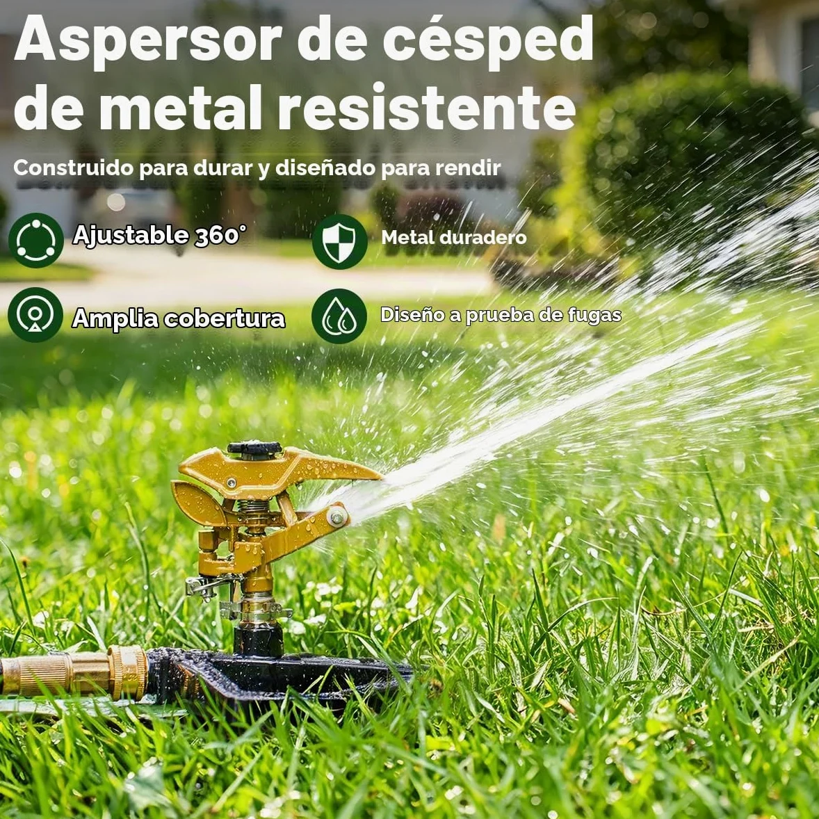 FANHAO Aspersor de Impacto Pesado para Césped con Base metálica, Cabezal Pulsante Ajustable de 360°, Cubre hasta 540 m² para Jardín, Patio y Parterre