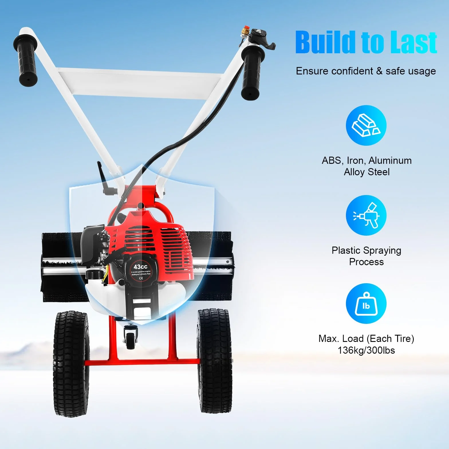 Barredora de gasolina, arranque eléctrico, pala de nieve, 43 cc, 1,7 CV, herramienta de limpieza para césped artificial
