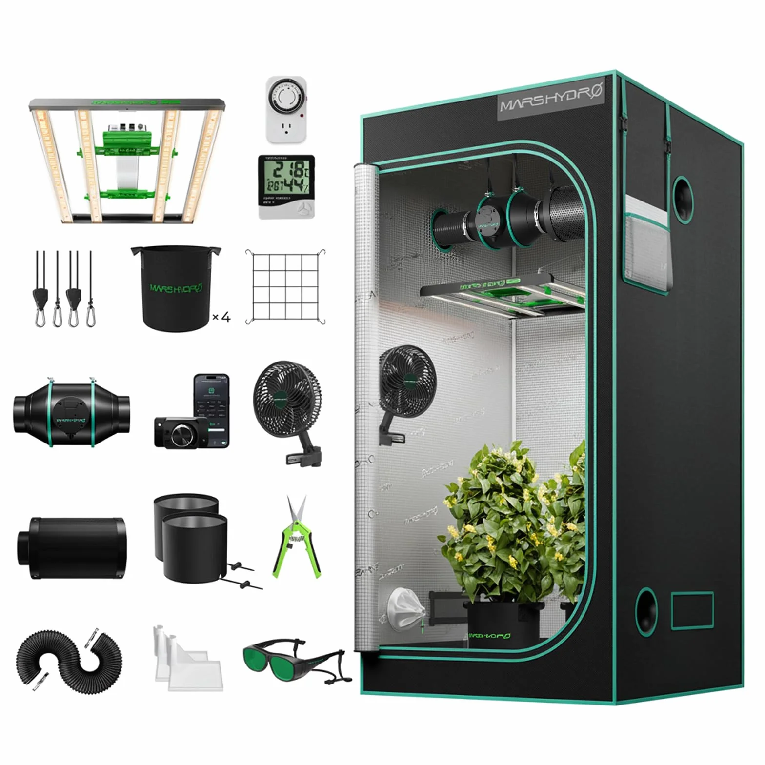 MARS HYDRO - Tienda de cultivo (kit completo con control de aplicaciones, FC3000, Samsung LM301H, lámpara de cultivo LED regulable 100 x 100 x 180 cm, 1680D, altamente reflectante, Mylar Grow Box)