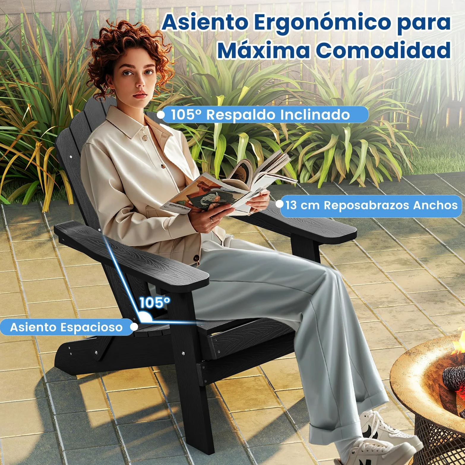 GOPLUS Silla Adirondack Plegable, Silla Exterior de HDPE con Respaldo Inclinado Ergonómico y Reposabrazos Anchos, Asiento Resistente a la Intemperie Carga 180 kg para Jardín Terraza Balcón (Negro)