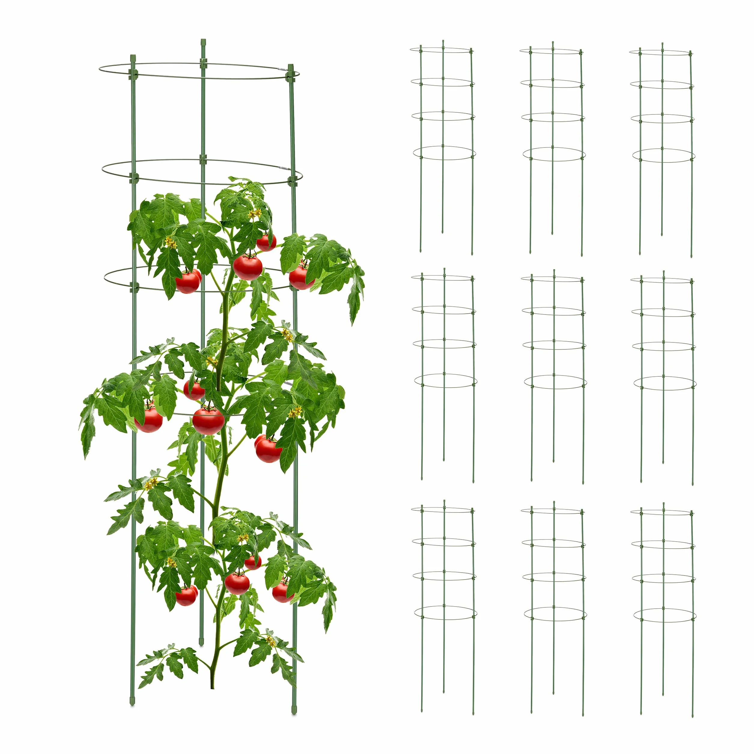 Relaxdays Pack 10 Tutores Plantas, 90 cm Alto, Soporte Enredaderas 4 Anillos, Guía Trepadoras, Metal y Plástico, Verde