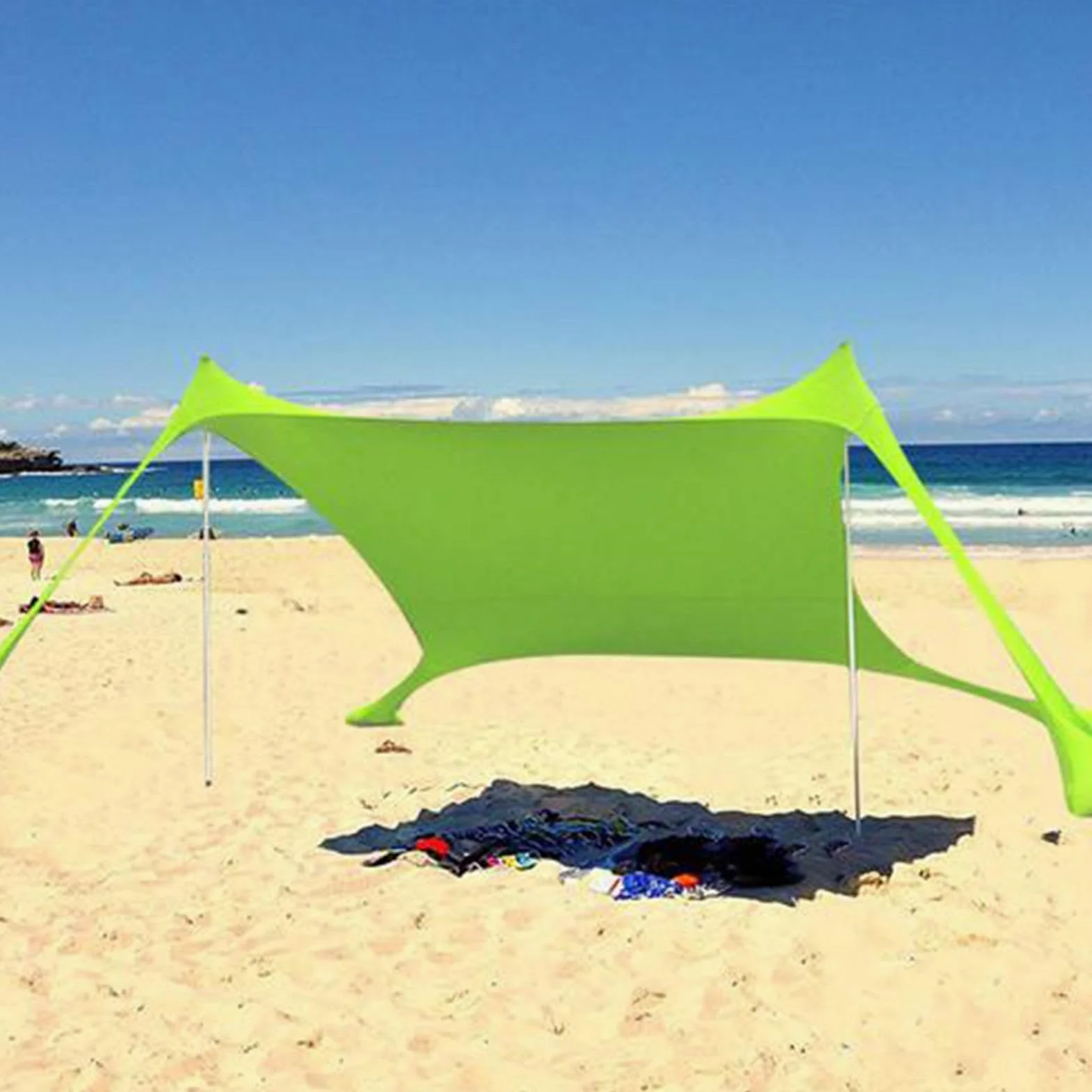 Toldo De Playa Portátil con Protección UV, Tienda Familiar 210x150x170 Cm De Transpirable, Refugio Solar Ajustable con 2 Postes, para Camping, Jardín Y Picnic