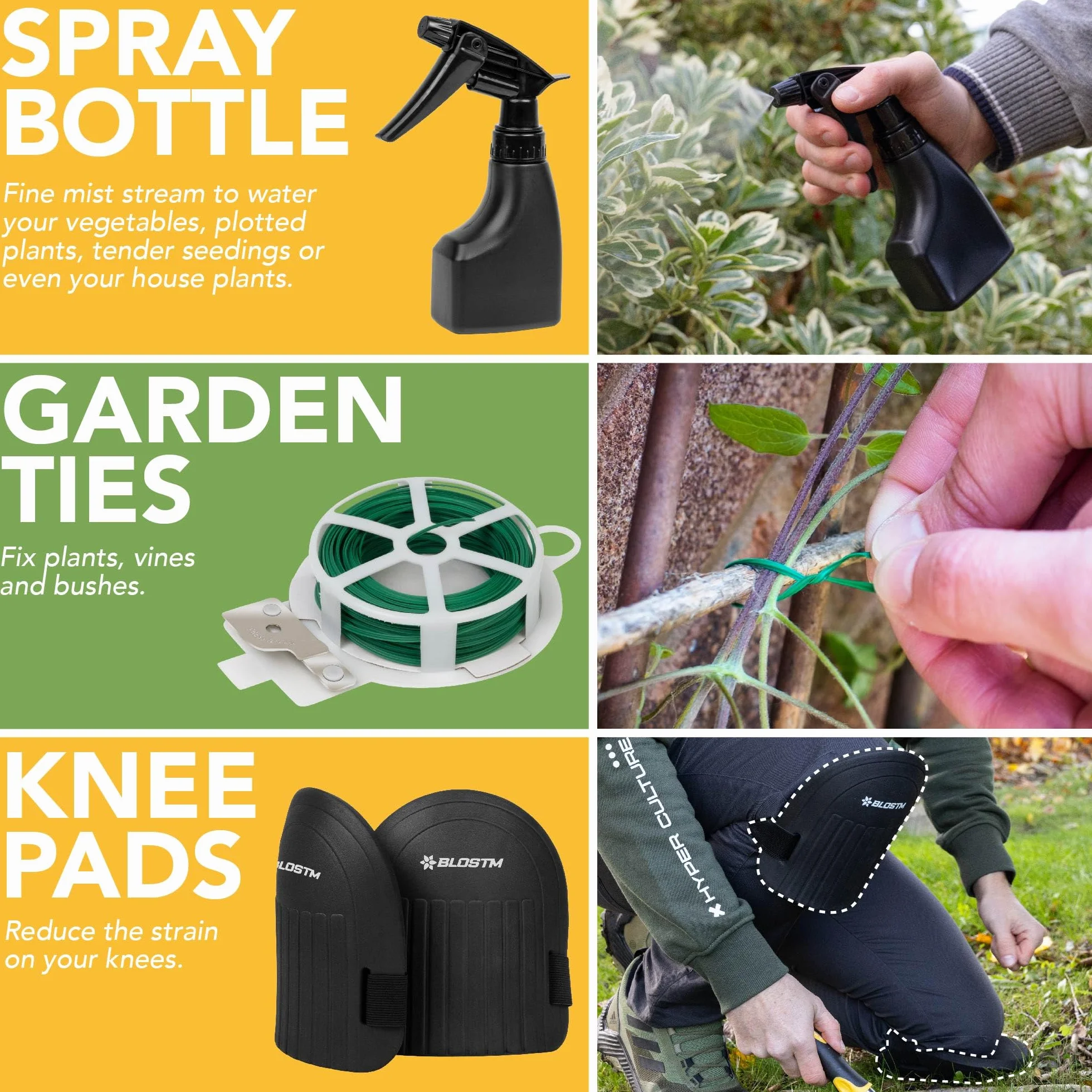 BLOSTM Juego de herramientas de jardinería de 11 piezas, kit de herramientas de jardín resistente con bolsa de mano impermeable, juego de paletas de jardín a prueba de óxido (verde/negro)