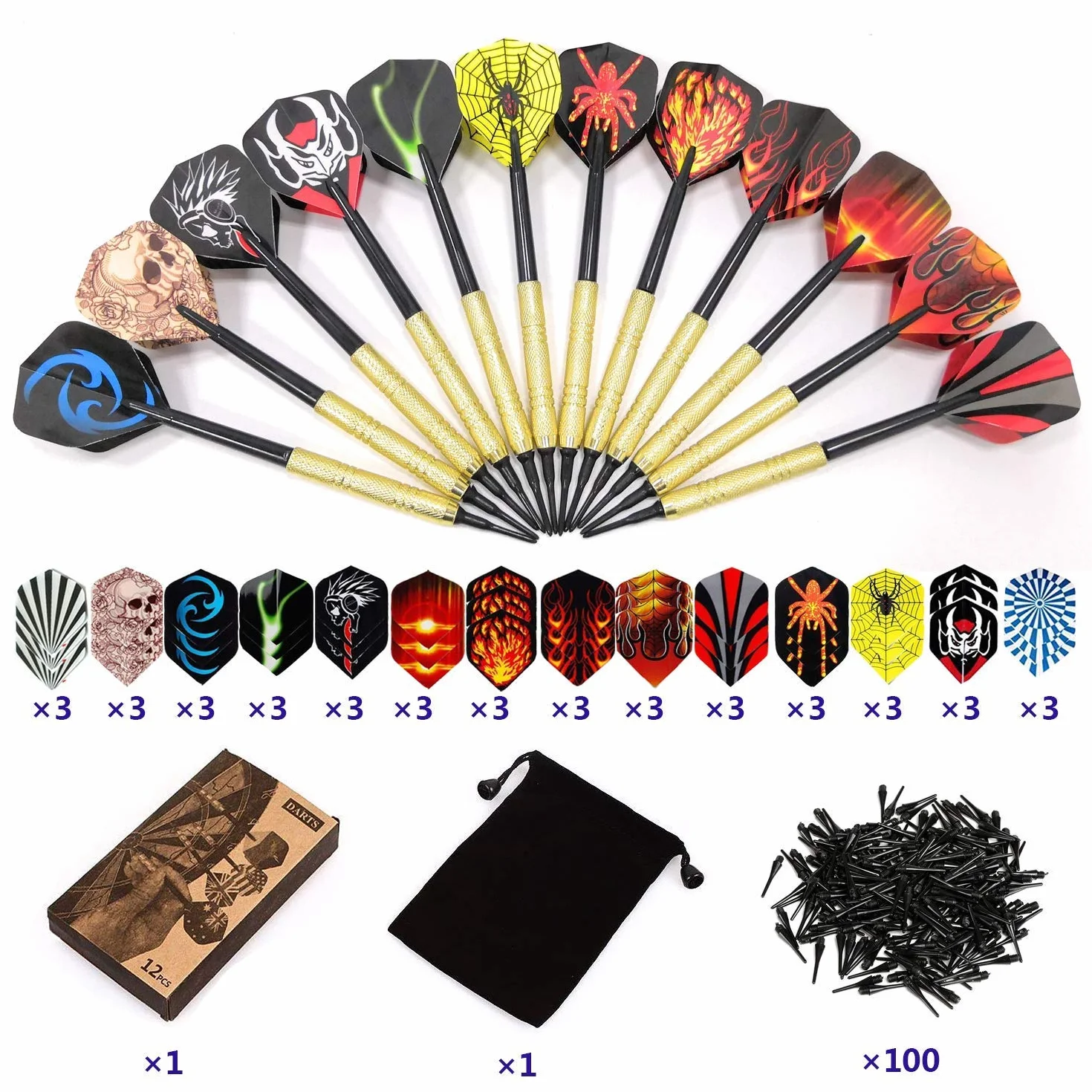 Dardos Punta Plastico para Diana Electrónica 16 Gramos 12 Unidades + 42 Plumas + 100 Puntas
