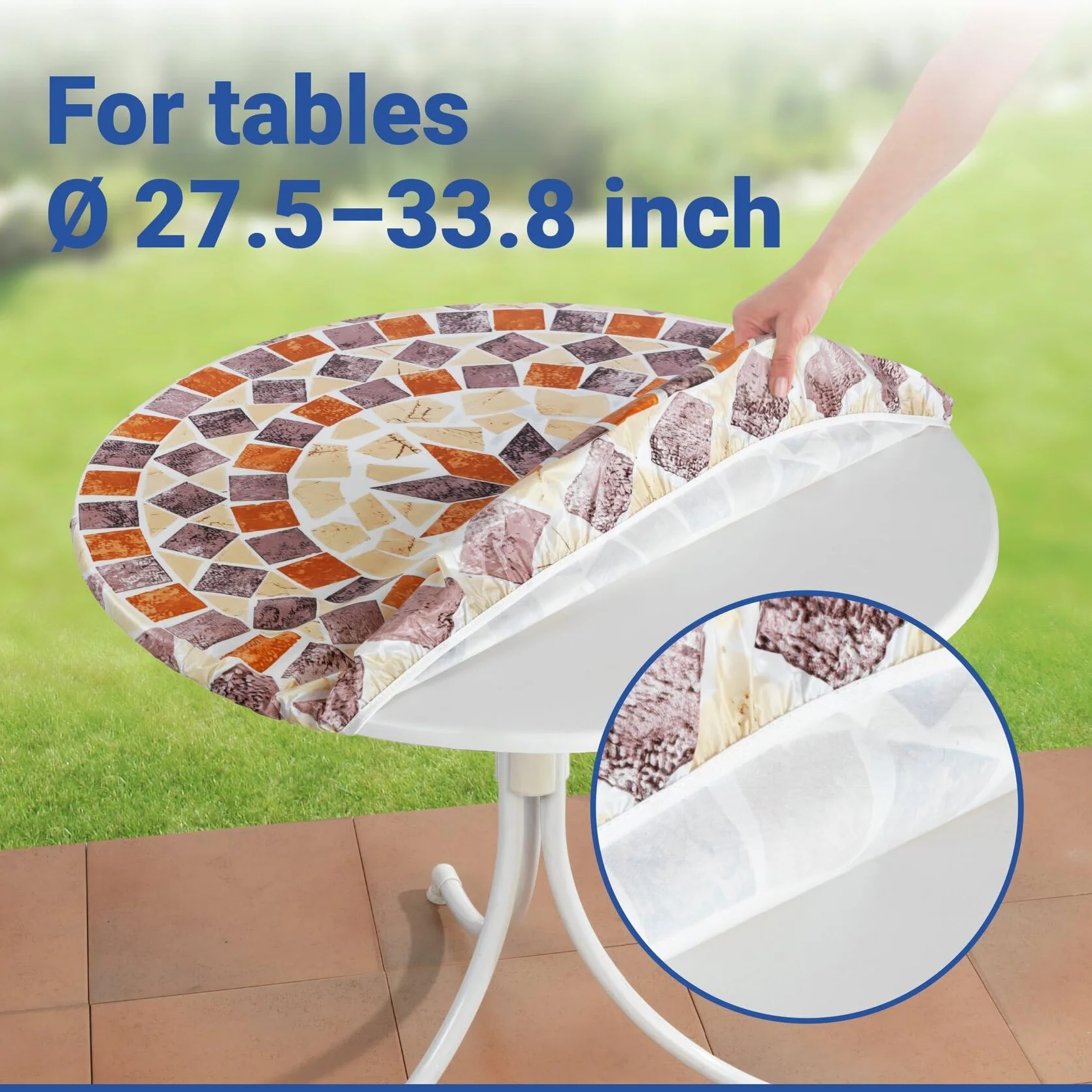 Maximex Mantel redondo con borde elástico, Ø 70 - 86 cm, motivo mediterráneo, mantel lavable y ajustable, resistente a la intemperie y a los rayos UV, para jardín, balcón y camping, plástico