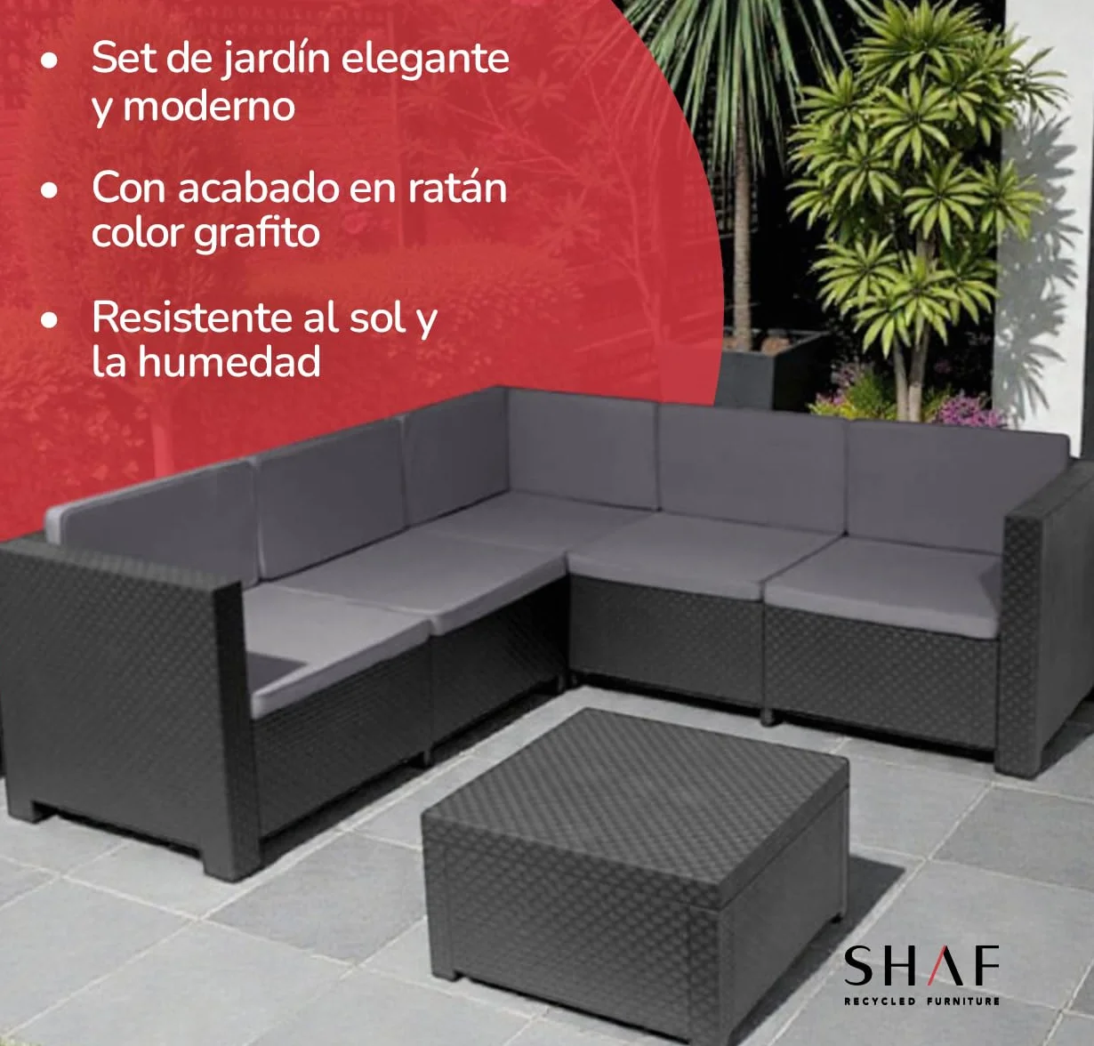 SP Berner - Set de Muebles de Jardín y Terraza Oasis Color Grafito - Tres Piezas - Sofá Canapé 3 y 2 Plazas y Mesa de Centro con Almacenaje - Fabricado en España con Plástico Reciclado