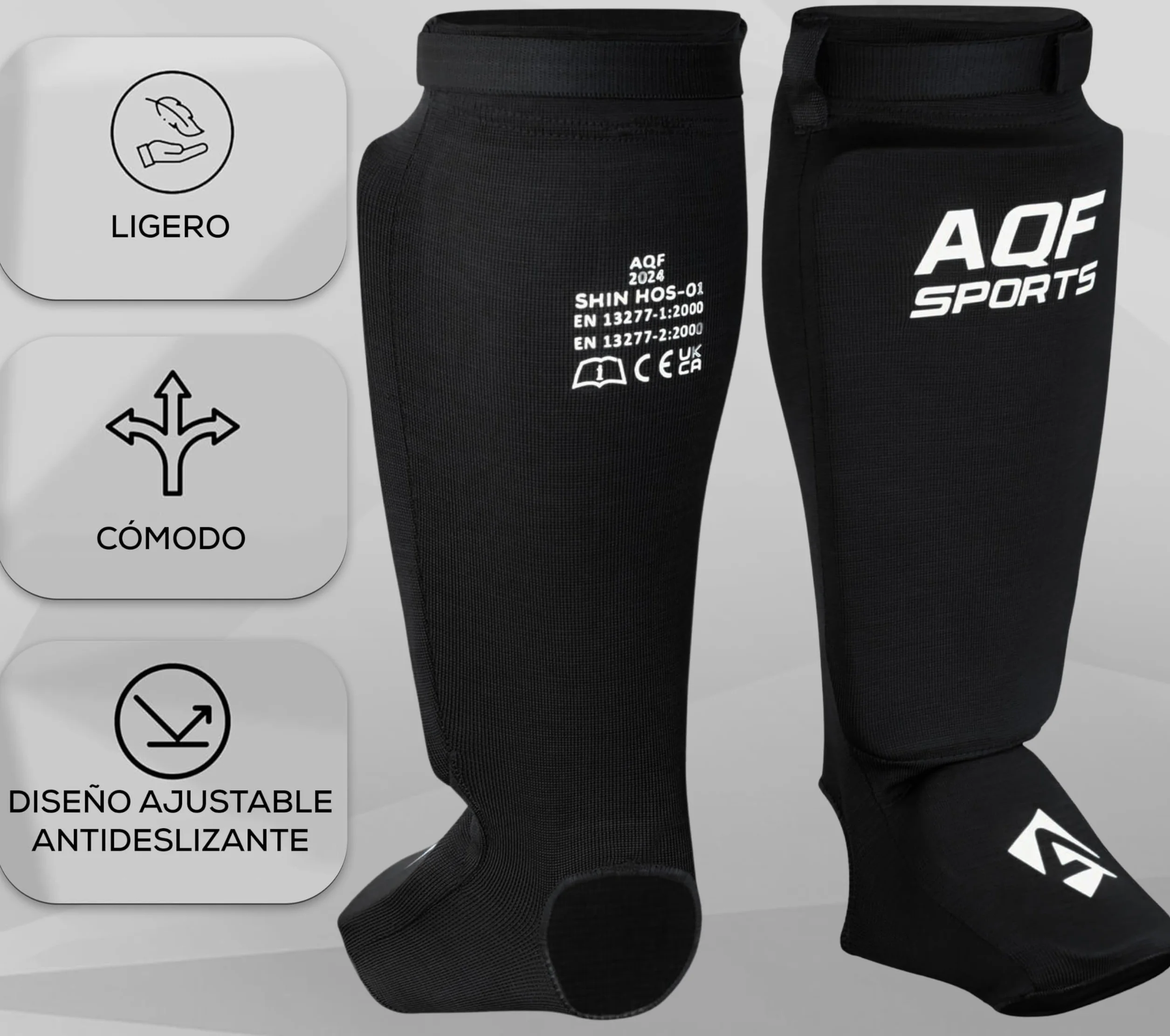 AQF Espinilleras Kick Boxing Muay Thai CE SATRA Aprobado Boxeo Tibiales Empeine EVA Acolchado Sparring Artes Marciales Protección Pads MMA