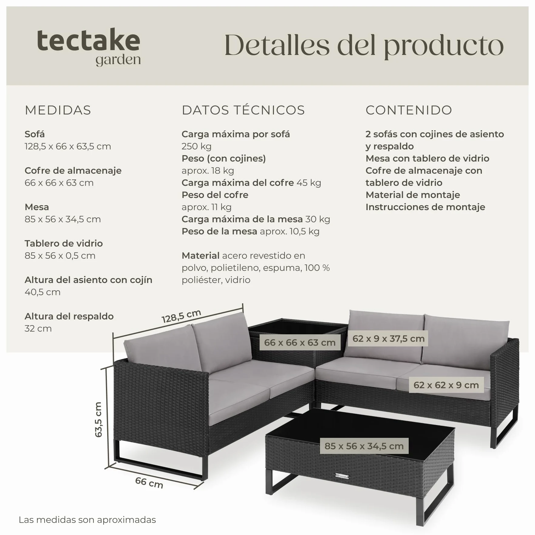 TecTake® Conjunto Jardín de Ratán con Cojines Gruesos, Muebles Jardín Exterior 2 Sofás, 1 Mesa Cristal, 1 Caja Almacenamiento, Conjunto Terraza Resistente a la Intemperie, Estructura en Acero - Negro