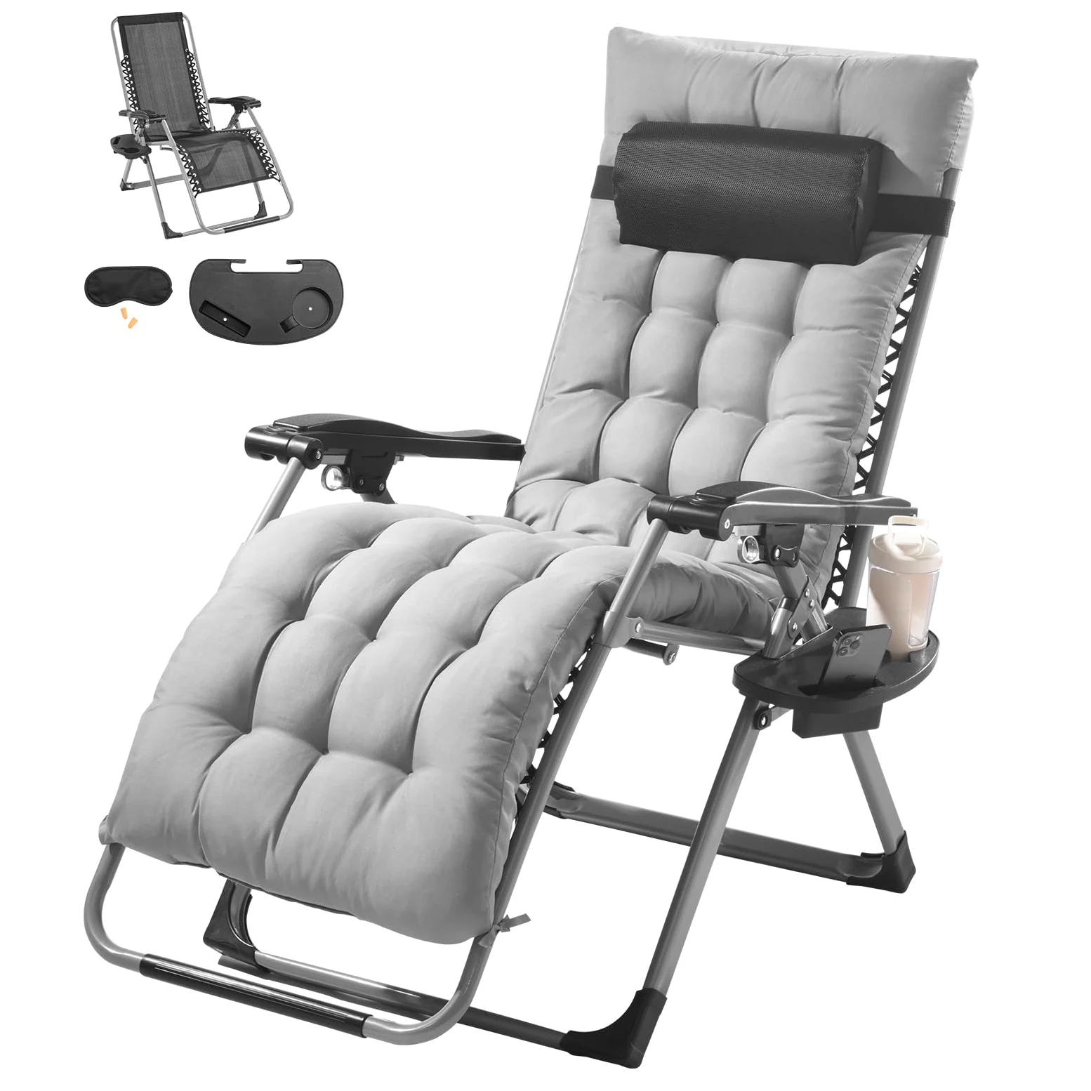 VEVOR Silla de Gravedad Cero 645 mm Sillón Reclinable para Jardín Tumbona para Terraza Capacidad de 226,8 kg Tumbona Antigravedad Ajustable con Cojín Reposacabezas Reposapiés Portavasos, Gris