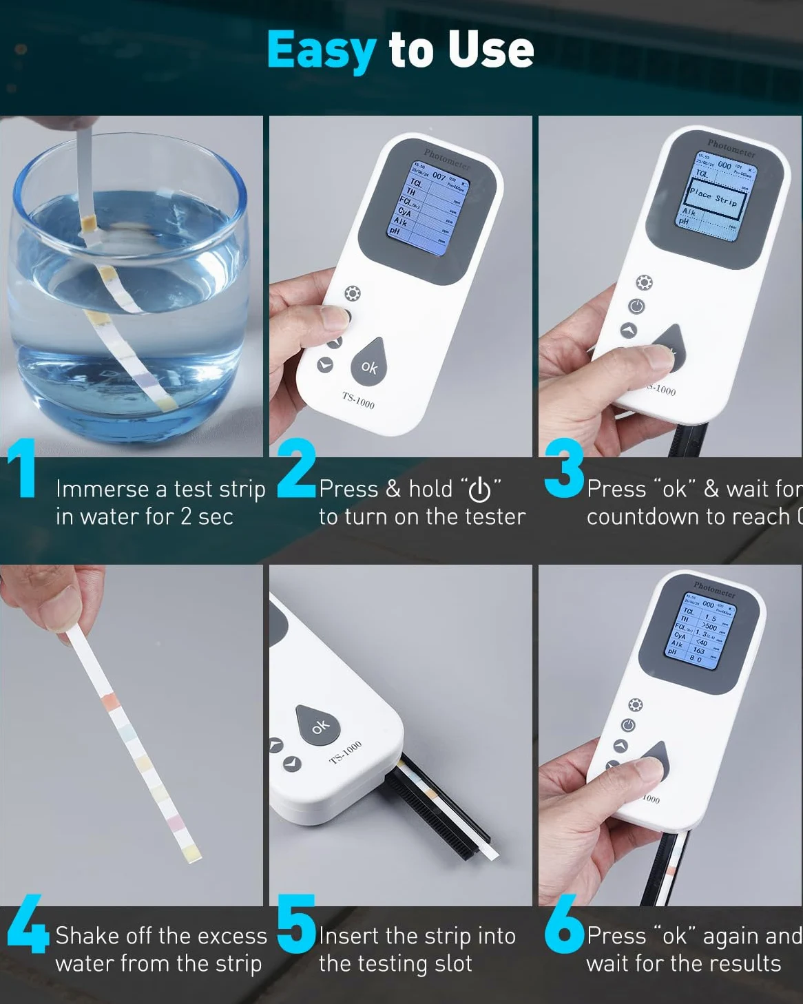 Pawfly Kit Digital de Análisis de Agua 7 en 1, 50 Tiras para Spa, Analizador Digital para Piscinas pH Dureza Total Cloro Total Cloro Libre Alcalinidad Total Ácido Cianúrico y Bromo